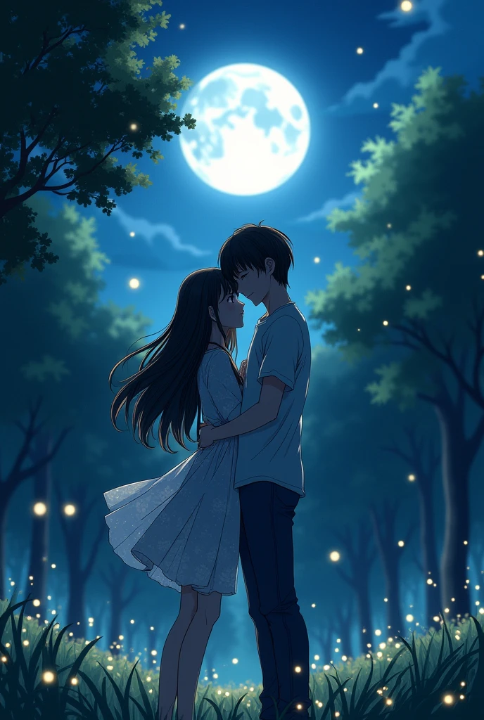 Anime of a beautiful couple hugging in a park under the moonlight