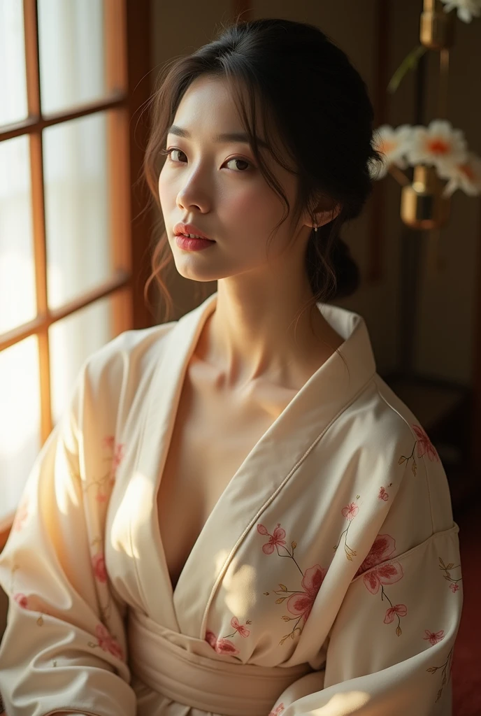 An elegantly dressed Japanese woman in natural light、A close-up of her chest and calm expression.、It shows her inner peace and outer charm.。