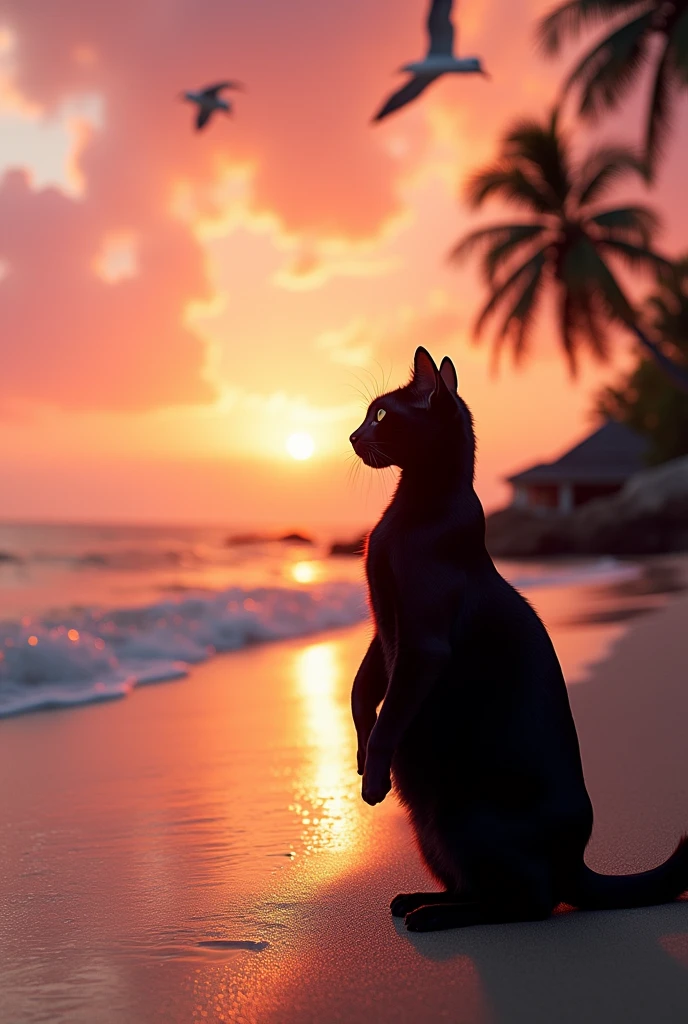 A black pregnant cat standing on two paws at a beach watching pinkish orange sunset 