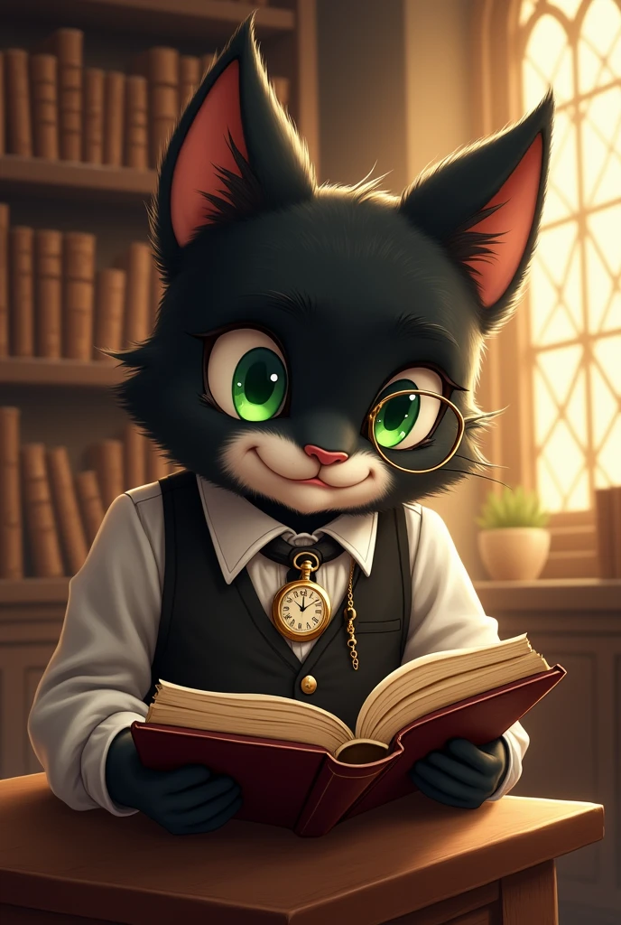 Black kemono with green eyes reading an old book, looking to the book, wearing a monocle on the left eye, wearing a classic shirt with a black waistcoast and an old pocket watch with gold pocket chain, furry, furry art, antrophomorphic animal, cartoony