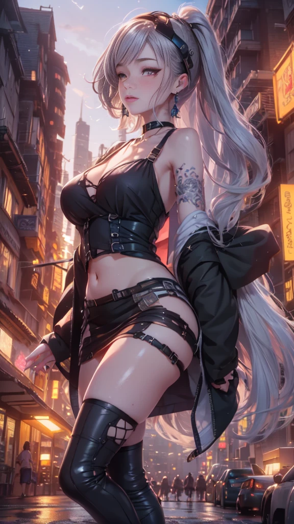 ((Highest quality)), ((Truly a masterpiece)), ((Ultra-detailed:1.4)), ((Ultra-Photorealistic 3D)), Android Magical Girl, Mechanical body, Dynamic action poses for battle scenes, Very complex and heavy fighter aircraft mechanical armament, Off-the-shoulder fashion that combines steampunk and gothic ta with attention to detail, Intricate steampunk headgear, Very thin、Over-the-knee reggae mechanical boots、Fluttering lace flare mini skirt、 Beautiful small breasts directed upwards、Swaying in the Wind、Long, curly silver hair,、Countless large, shining spheres fly around、Lots of sparks cross and fly、Countless neon lights pouring down from the magical pose、Complex and precise mechanical Night City、Very dark background、Very dramatic and cinematic lighting、Big wings on the back8Growing in Sheets。