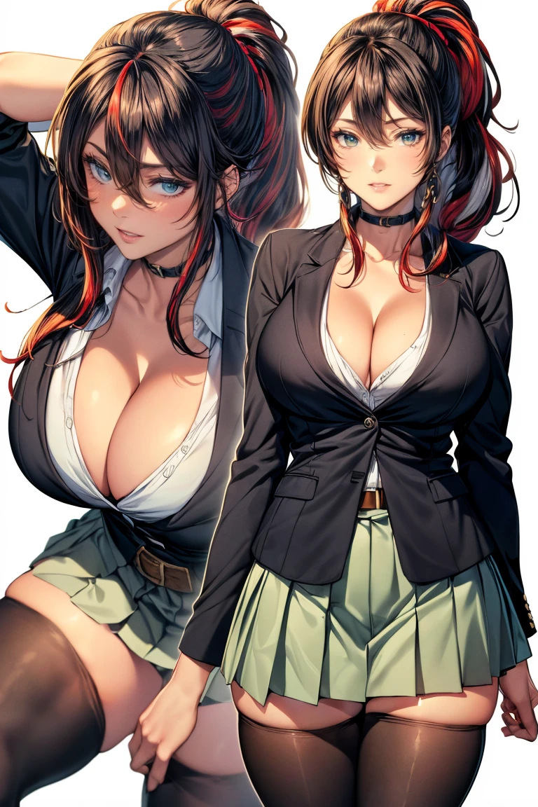 (cowboy shot: 1.5), (white background, simple background: 1.5), (masterpiece:1.5), (big breasts: 1.5), (1 girl: 1.5), young woman, (Beautiful Girl:1.5), (extremely detailed and delicate anime face and eyes:1.5), whole body, (natural light, HDR, extremely details CG:1.3), (dynamic posture: 1.3), {correct body anatomy}, (wide hips: 1.3), (perfect hands: 1.5), single focus, toned body, Beautiful Lips, thick lips, {surreal}, {correct posture}, {minutes details}, {detailed body}, {detailed clothing}, (Bright Eyes: 1.3), (cleavage: 1.3), {accessories}, {sexy}, bbuniform, high school girl, school uniforms, (Short black blazer: 1.5), (white blouse: 1.3), long sleeves jacket, (open blazer: 1.5), (puffed sleeves: 1.3), silver-tone front zipper, (pleated skirt: 1.5), (short skirt: 1.3), (black thighhighs: 1.5), waist-defining belt, choker, (over-the-knee black boots: 1.3), boots high-heeled, jewelry, (belt: 1.3), earrings, (light smile: 1.3), (extra long hair: 1.5), (two-tone hair: 1.5), (black hair with red streaks: 1.5), (nape hair: 1.5), (wavy ponytail: 1.3), very thick hair, (hair between eyes: 1.3), (sidelocks: 1.3), glowing hair, (bright Pine Green eyes: 1.3),