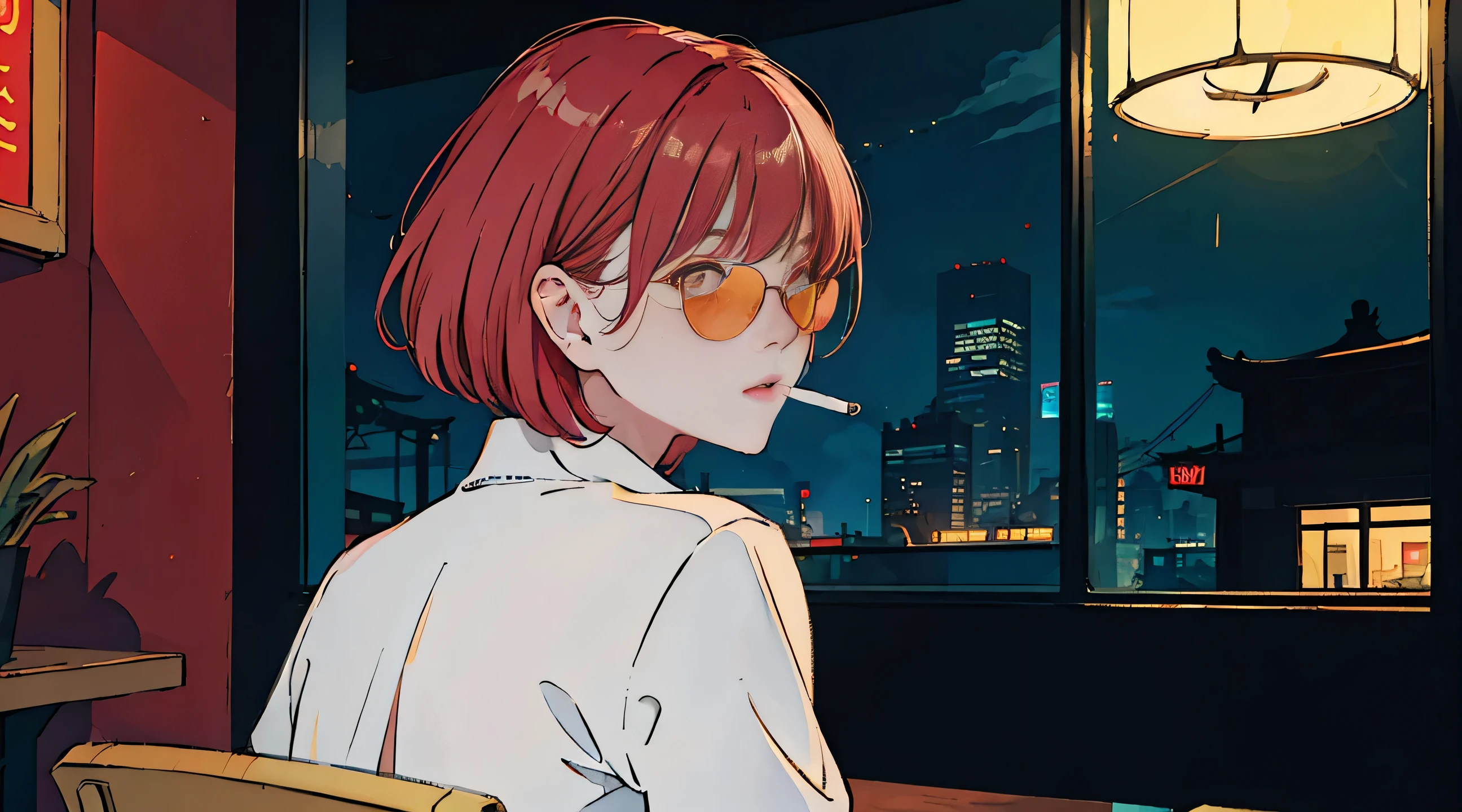 A beautiful red-haired Asian girl sitting in a restaurant at night, From the window you can see, Perfect face, sunglasses, Draw a white Taylormade cigarette, neon black, (Backlight: 1.1), Hard Shadows, masterpiece, best quality, complicated, Model shooting style, High quality, Film Grain, Incomplete details,Back to the future