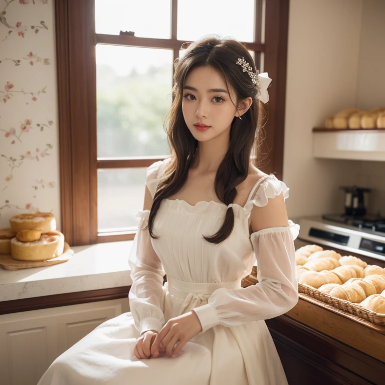 best quality, full body portrait, delicate face, pretty face,slim figure,OL, instagram photo, 40 y.o, breathtakingly beautiful korean woman, eyes sparkling with joy, she stands at a vintage bakery shop, side dutch pose, ((turn towards right side)), (masterpiece), (1 woman), preppy model, feminine, (cute face), (incredibly beautiful body), top-quality, ​masterpiece, high resolution, Photorealistic, highly detailed, true to life, detailed eyes, detailed beautiful skin at ears, (no earrings), life-like detailed beautiful brown eyes, ((styled loose Updo hair, long black brown relaxed hair)), (((hair tucked behind ears))), extremely detailed skin, slight skin blemish, moist nude lips, (exceptional delicate perfect ears), hyper realistic, big dark brown eyes, sincere, confident, mesmerizing eyes,(double eyelid), (realistic face), ((fresh dewy healthy skin texture)),nice teeth, (moist lips)), light natural makeup, translucent white skin, realistic eyes, round iris black pupils, sparkly eyes, beautiful ear skin texture, (realistic skin), attractive, ultra high resolution, extremely realistic, wearing a feminine romantic cottage apron white dress long sleeves, intricate detailed blend of linen white cotton fabric and lace detailed stitching to create delicate frill dress embroidered detail on the chest, a delicate thin velvet ribbon neck princess bow, pleated at waist mid-length a-line skirt, beige brown colors fashionable feminine waitress by Max Mara Ready-to-Wear dress, very detailed, golden ratio, graceful, (no jewelry), bare nude skin at neck, (nude ears), sharp focus side body, no earrings,effortlessly,serene eyes, natural morning daylight, Realistic,sharp focus,(intricate:1.03), Hyper Real, background: a french bakery shop, detailed french fruit pastries and wild berry cakes,Victorian door,extremely delicate and beautiful, Raw photography, mood is a crisp morning serene nostalgic bakery interior design, depth of field, ((((8k wallpaper))),16k,  