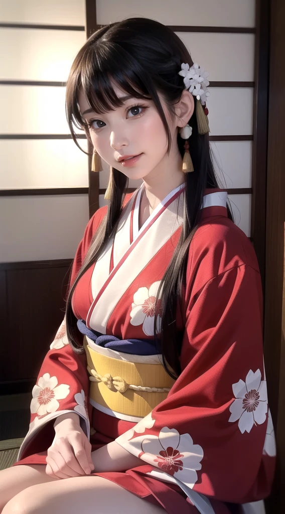 (best quality,Reality),Solitary,Beautiful Japanese woman,Traditional Kimono,Natural posture,Gentle smile,((White background:1.1))、White background、Impressive sight,Traditional hairstyle,(Charming posture),Professional photographer,Shallow depth of field,Backlight