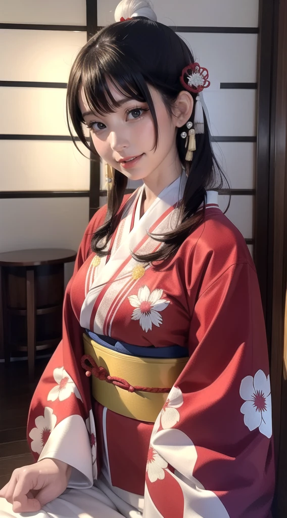 (best quality,Reality),Solitary,Beautiful Japanese woman,Traditional Kimono,Natural posture,Gentle smile,((White background:1.1))、White background、Impressive sight,Traditional hairstyle,(Charming posture),Professional photographer,Shallow depth of field,Backlight