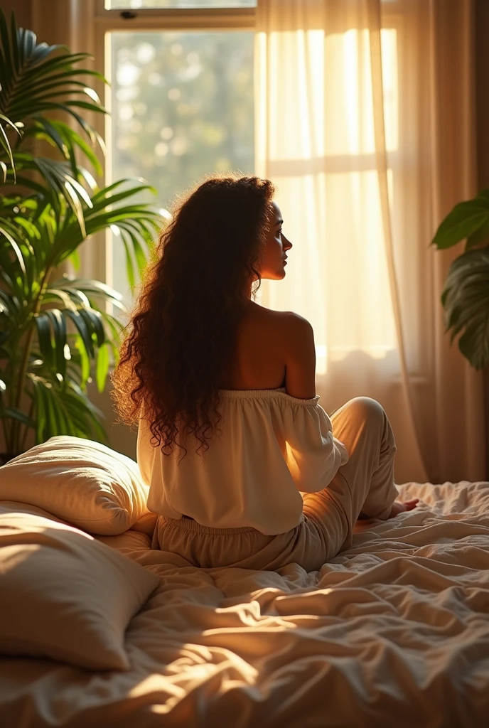 (photorealism:1.2), beautiful woman, sitting on bed, wearing loose off-shoulder top, pajama pants, long curly hair, indoors, soft lighting, plants in background, window with sunlight, cozy room, relaxed pose, realistic, intricate details, warm colors, by Greg Rutkowski, by Alphonse Mucha