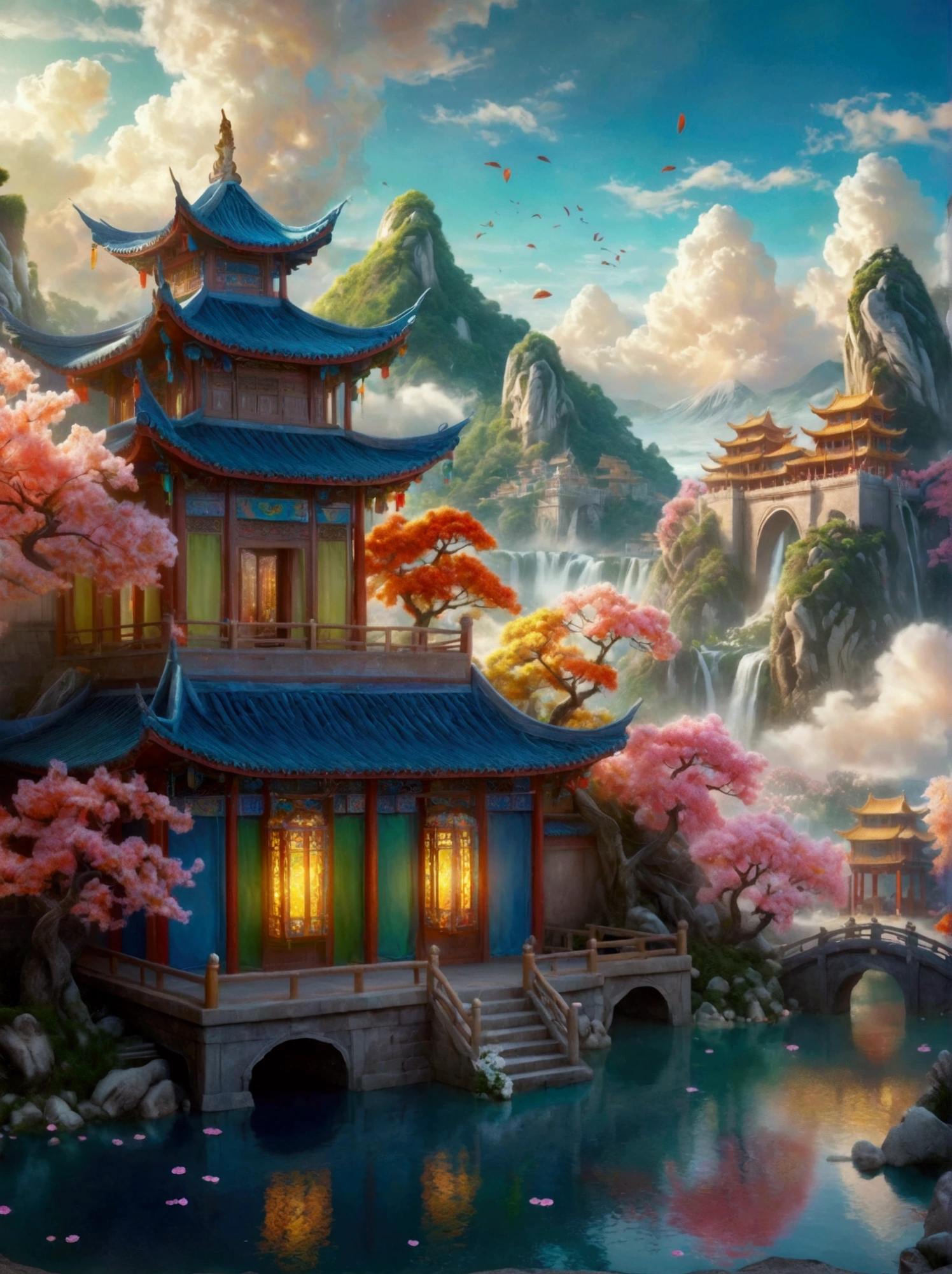 [Vision:1.0]，[Wide Angle:1.0]，Chinese-style 3D arch with buildings and flowers inside, fantastical landscape, ethereal cloud scene, colorful animated still life, detailed miniatures, fairy tale background, traditional Chinese architecture, surreal water in front of an island surrounded by floating clouds, bright colors, soft lighting, perfect details, Unreal Engine rendering, movie poster design, octane rendering, Bright colors，Bright，Ultra high saturation，rgb, Colorful)，(High contrast:1.5)，(whole body:1.8), magazine photography，Popular on social platforms，((Dopamineism))，(((Dopamine color matching)))，Dopamine，(in the style of Y2K)，Luo Erchun，Three-dimensional ancient style，Oriental poetry and painting