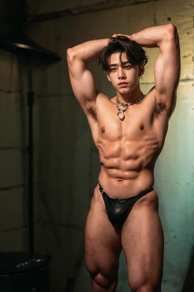 Black hair, Big bulge, very hairy armpits, hairy pubic, hairy crotch, handsome face, In the dirty alley, WEARING Tiny thong, A bondage chest harness adorns his upper body, its intricate design revealing the play of shadows on the exposed skin of his chest. Zephyr's legs, enveloped in calf-to-thigh leather restraints, add a visual symmetry to the scene. The leather straps, secured with meticulous precision, enhance the aesthetic appeal of his bound form. The absence of a body panel in the chest harness exposes his torso, highlighting the vulnerability and sensuality of the moment. As Zephyr's hair falls slightly disheveled around his face, the room captures the scents of leather and anticipation. The alley becomes a canvas for the visual impact of restraint, each element contributing to the immersive experience. The intricate details of the bindings and the interplay of light create a visually compelling scene, ripe for exploration by an AI image generator. handcuffed. Nipple clamps. , full bodyesbian , epic reality , epic photorealistic , ultra realism , photorealistic , only male , only boy , full length shot (fls) , wearing sexy micro string thong , arms up, handsome korean boy , (topless) , sex slave. ,bondage collar chain , standing , wide hips , wide pelvis , phat hips. , thick thighs , very tight , (stocking garter) , snake eyes, thin lip. Buzz cut hairstyle ,(absurderes、hight resolution、ultra-detailliert). revealing the tskin and thighs, (full body Esbian:0.6) , (extra short hair)