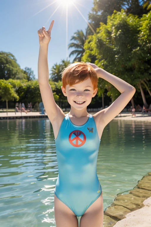 Happy skinny ginger-sweden youngs kids with short ginger hair, dressed in new light short 2-peace superbe swimsuit, happy to show gymnastique thigh longer, on a scorching summer day, in the lagoon.