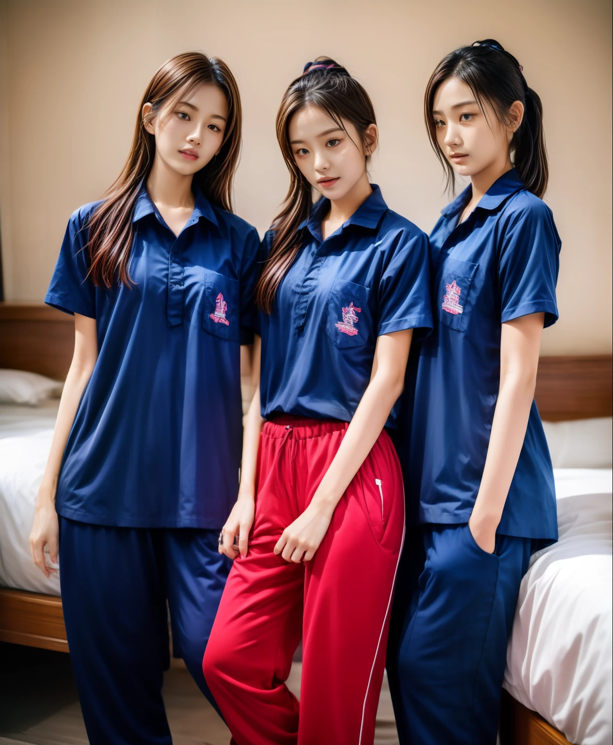 3 girls sleep on bed, Navy blue short-sleeved shirt,Navy Long Trackpant,Sweatpants, Sweatpantsขายาว,25 year old girl, lesbian, sexy, exercise clothes, wet body, exercise clothes