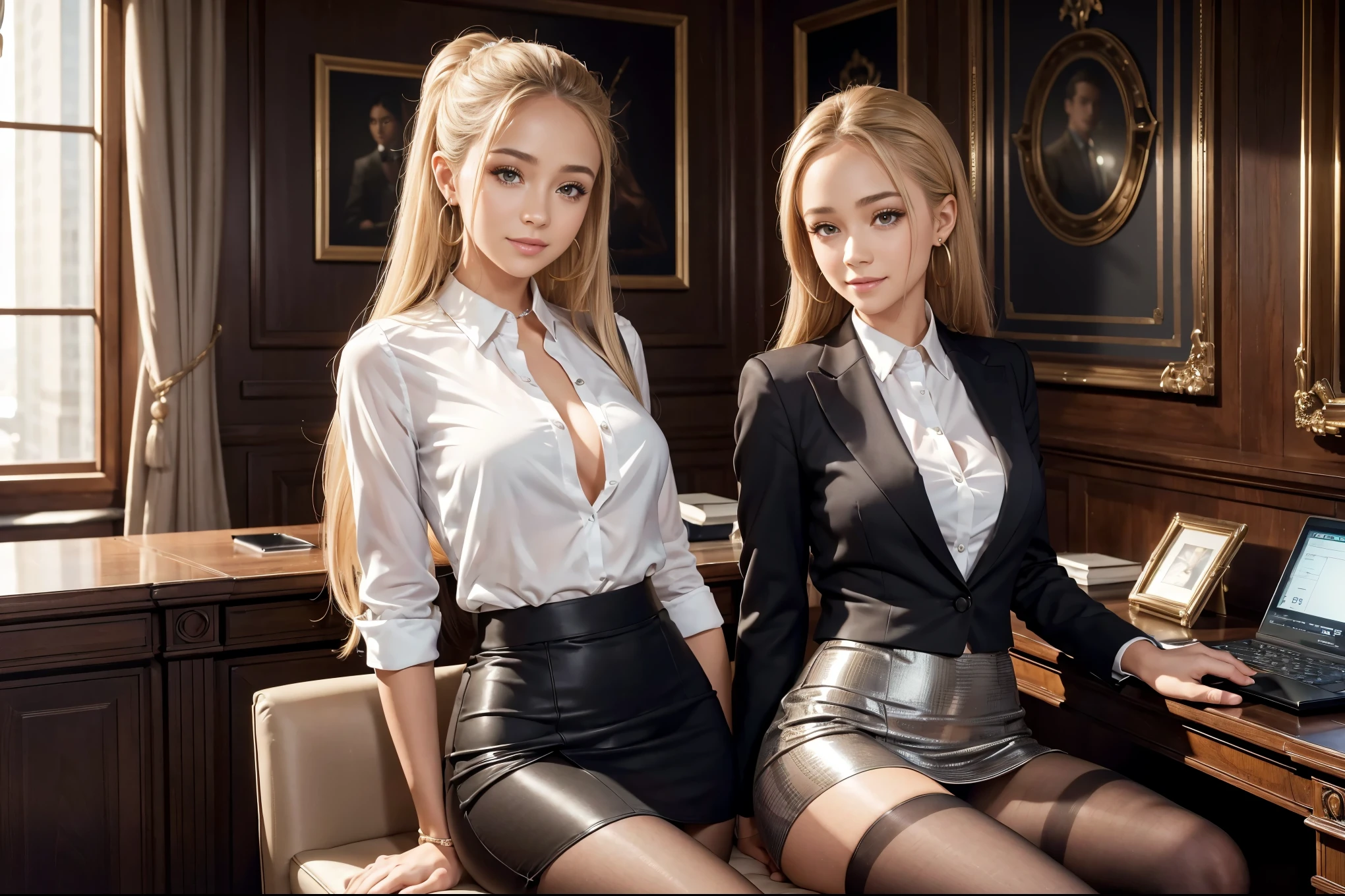 (Masterpiece, Professional lighting, 16k, 8k wallpaper, raw photo, photorealistic:1.8, ultra detailed, natural gentle lighting, detailed skin, detailed face, detailed eyes, textured skins, cinematic composition, detailed background:1.2 ), (MB, Group shot, 2girls, 2 secretaries inside bank office, full body), multiple girls, young girls, See through:0.6, ultra detailed face, slender body, beautiful skin, straight hair, luxury furniture, sitting down, identical business suit with tight skirt, panty under pantyhose, high heels, upturned eyes:0.9, looking at viewer, sexual suggestive, earrings, embarrassed, flaunted, smile, updo, straight hair:0.8, formal room, wide window, skyscrapers, pen, documents, Charly Jordan