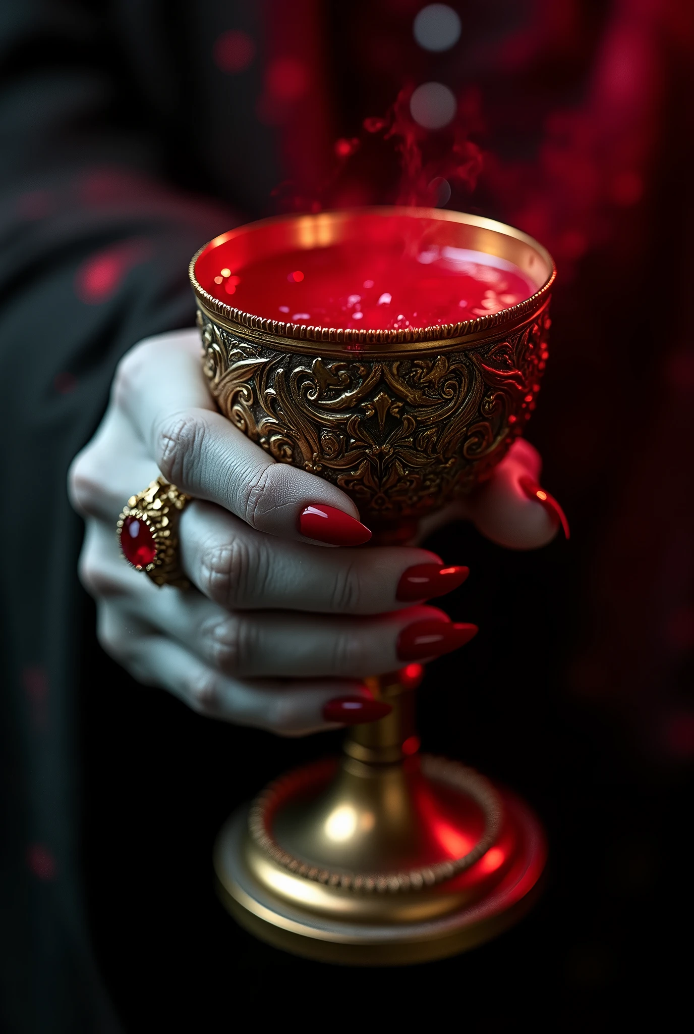 A close-up of a vampire's hand holding a big golden grail filled with blood, holding with single hand, hand with a ruby ring, pale gray skin, crimson nail color, red tunic, sharp and pointy nails, photorealistic, ethereal, dramatic lighting, chiaroscuro, intricate details, gothic horror, dark fantasy, deep red colors, dramatic shadows, moody atmosphere