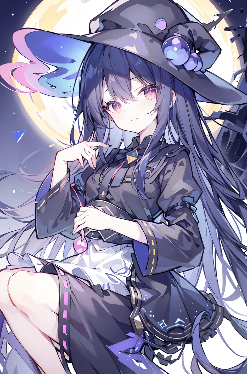 oung Girls,Humanity,A magician always smiles,big witch hat,cute,dark blue long hair,The eyes are dull,The bangs are heavy,Thin eyebrows,fantasy,intake,Double teeth,Star Theme,Constellation pattern,Solid color clothetal decoration,cloak,A bit of a dark atmosphere,A little crazy smile,When the big moon shines outside at night,blood,Hair black star embellishment,Short tie,No nails,High waist skirt,Bell sleeves,Long-sleeved shirt,Black tie,low risk,gentlemen。Mist、Yellow and white effect,Shocking pink as an accent color