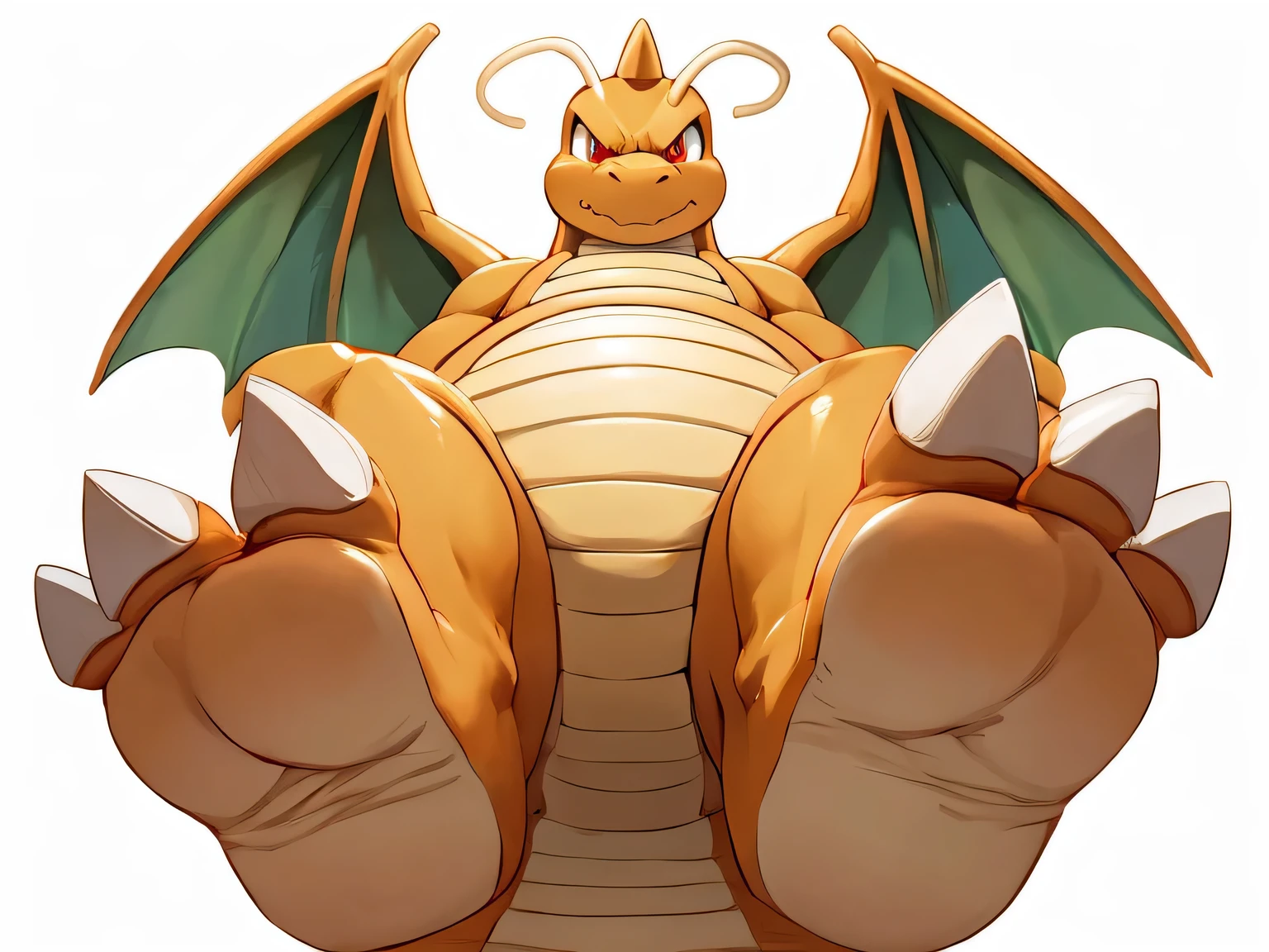 giant DRAGONITE pokemon,looking down on viewer POV,from below,angry face, make his veins pop,red eyes,heavy weight plump,large foot,glossy skin,solo, standing above, foot focus, focus on foot, raised a foot, focus on underside of foot,white background
