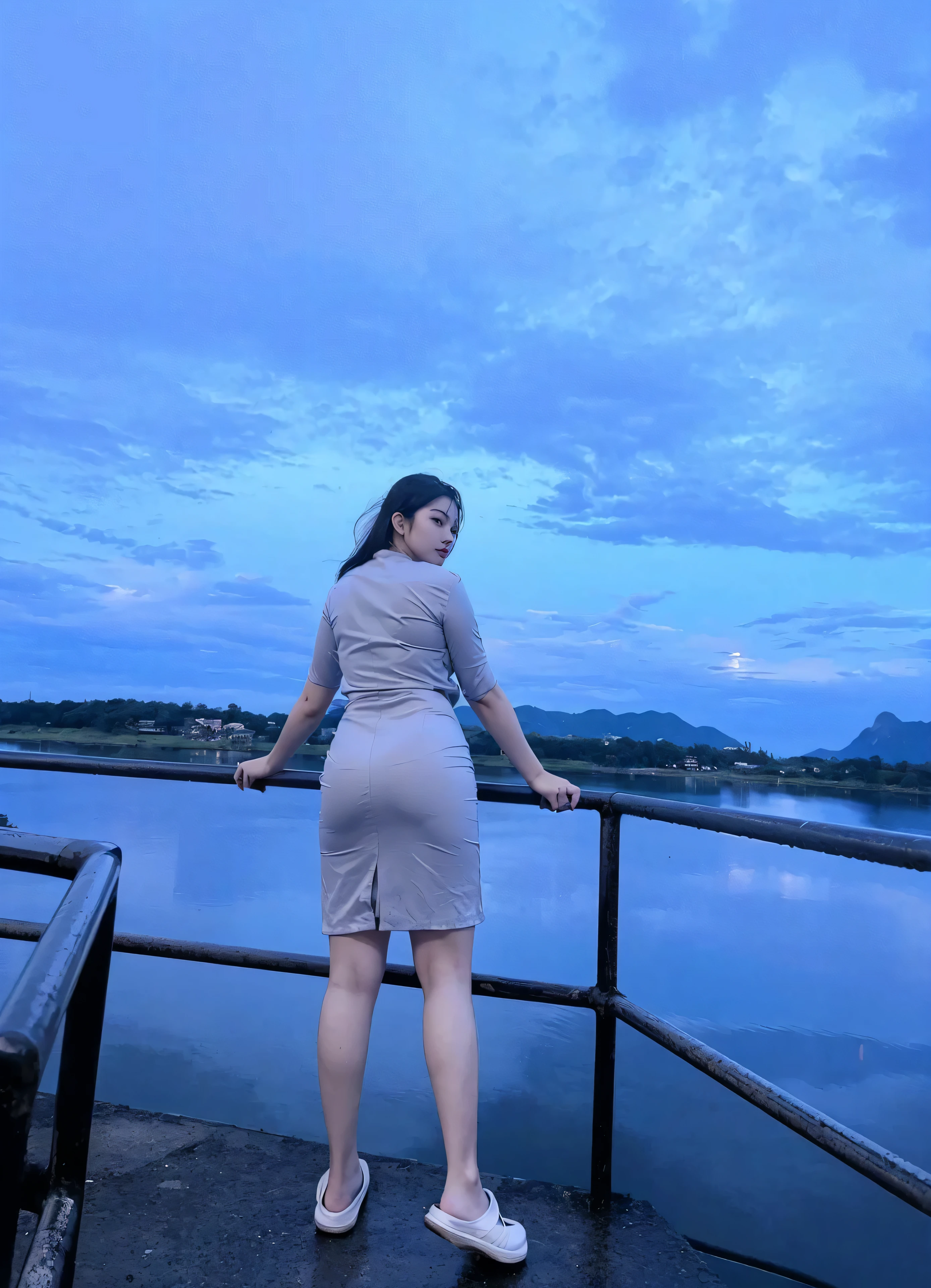 best quality, 8k, highly detailed face and skin texture, big booty long hair asian girl in blue short latex dress at balcony with sea view, looking at viewer, back view, sharp focus