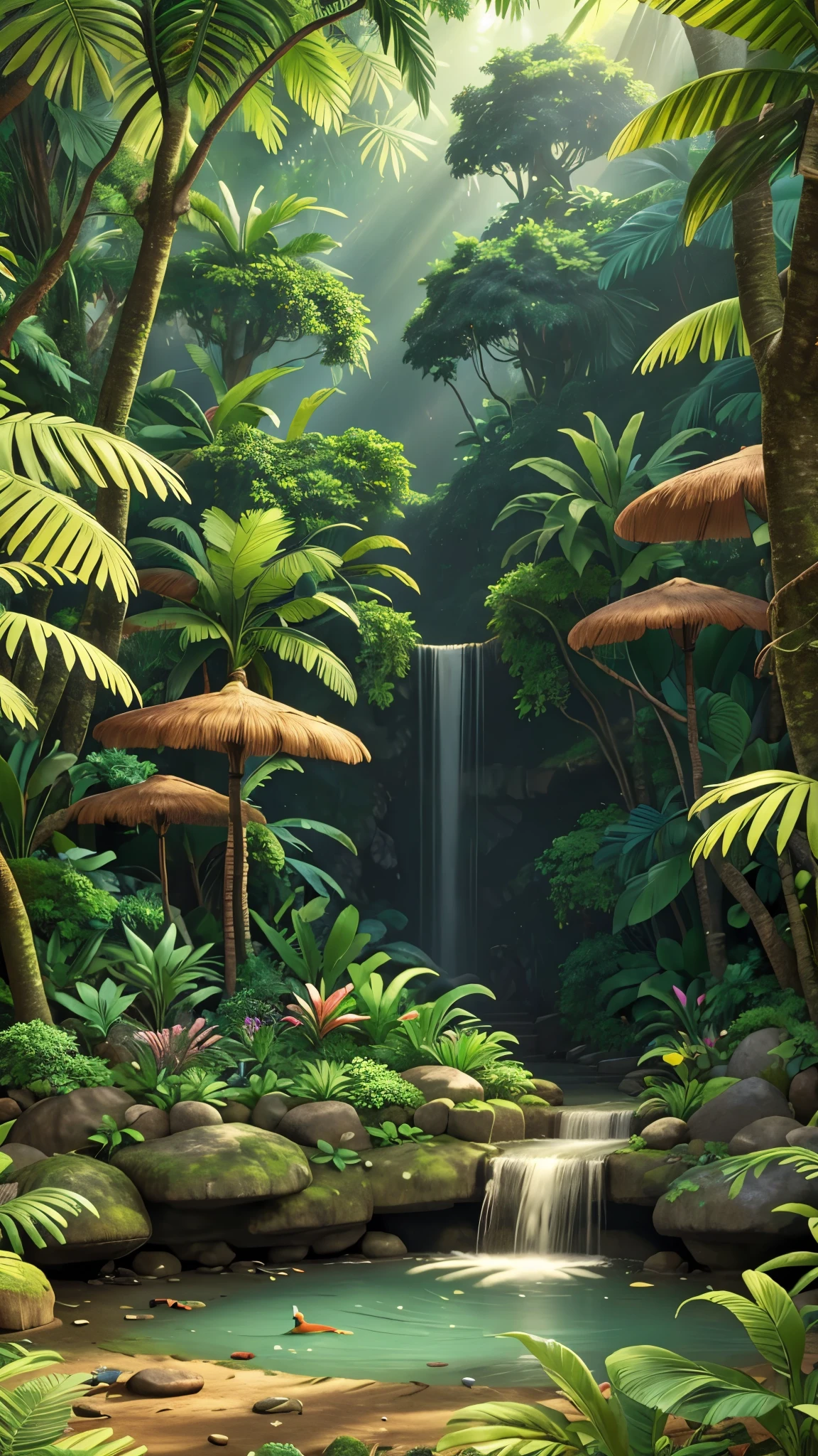 A lush, vibrant jungle scene with towering trees, dense foliage, and colorful tropical plants. The jungle floor is covered with ferns and vines, with beams of sunlight piercing through the thick canopy above. In the background, you can see a waterfall cascading into a small, clear pond, surrounded by large rocks and exotic flowers. The atmosphere is peaceful yet mysterious, with a variety of birds and animals subtly visible among the trees, adding life to the serene environment.