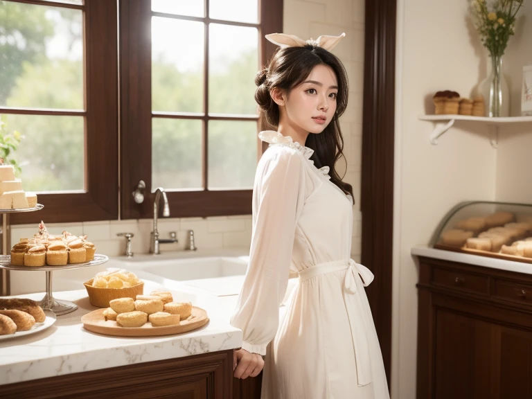 best quality, full body portrait, delicate face, pretty face,slim figure,OL, instagram photo, 40 year old, breathtakingly korean woman, eyes sparkling with joy, she stands at a vintage bakery shop, side dutch pose, ((turn towards right side)), (masterpiece), (1 woman), preppy model, feminine, (cute face), (incredibly beautiful body), top-quality, masterpiece, high resolution, Photorealistic, highly detailed, true to life, detailed eyes, detailed beautiful skin at ears, (no earrings), life-like detailed beautiful brown eyes, ((styled loose Updo hair, long black brown relaxed hair)), (((hair tucked behind ears))), extremely detailed skin, slight skin blemish, moist nude lips, (exceptional delicate perfect ears), hyper realistic, big dark brown eyes, sincere, confident, mesmerizing eyes,(double eyelid), (realistic face), ((fresh dewy healthy skin texture)),nice teeth, (moist lips)), light natural makeup, translucent white skin, realistic eyes, round iris black pupils, sparkly eyes, beautiful ear skin texture, (realistic skin), attractive, ultra high resolution, extremely realistic, wearing a feminine romantic cottage apron white dress long sleeves, intricate detailed blend of linen white cotton fabric and lace detailed stitching to create delicate frill dress embroidered detail on the chest, a delicate thin velvet ribbon neck princess bow, pleated at waist mid-length a-line skirt, beige brown colors fashionable feminine waitress by Max Mara Ready-to-Wear dress, very detailed, golden ratio, graceful, (no jewelry), bare nude skin at neck, (nude ears), sharp focus side body, no earrings,effortlessly,serene eyes, natural morning daylight, Realistic,sharp focus,(intricate:1.03), Hyper Real, background: a french bakery shop, detailed french fruit pastries and wild berry cakes,Victorian door,extremely delicate and beautiful, Raw photography, mood is a crisp morning serene nostalgic bakery interior design, depth of field, ((((8k wallpaper))),16k,