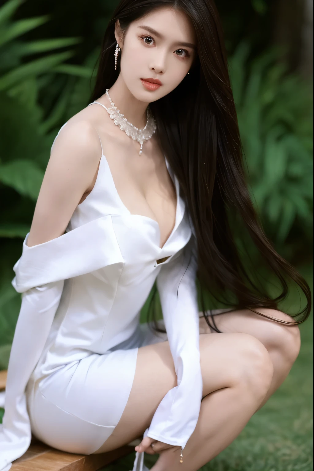 Beautiful woman with perfect body:1.4,Prominent cleavage,Layered Hairstyle,Highly detailed face and skin textures,Double eyelids,Skin Whitening,Long hair,Whitened long legs,(Wedding dress,Collar