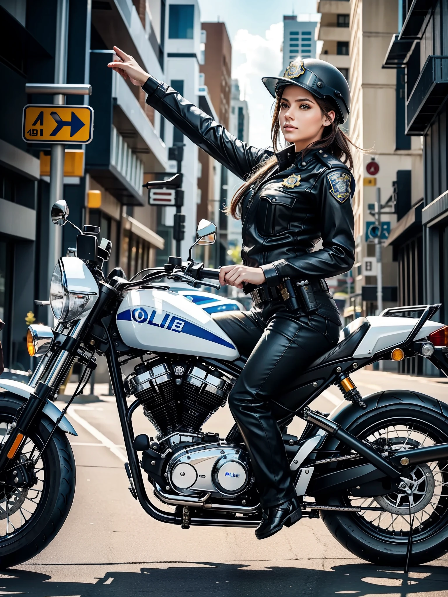 A beautiful female police officer astride a motorcycle