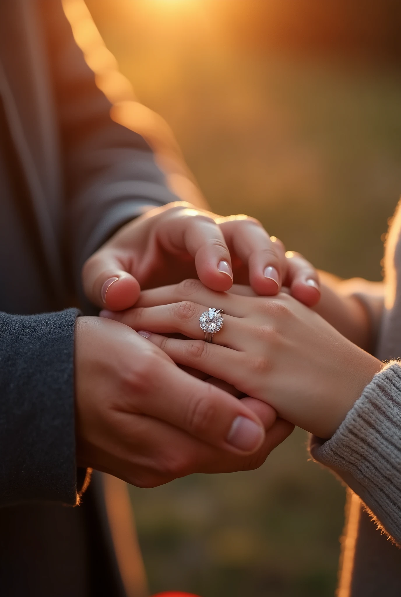 Hands close-up, Putting a ring on the ring finger, A proposal from a man to a woman, Aesthetic Diamond Sparkle, Close-up from above