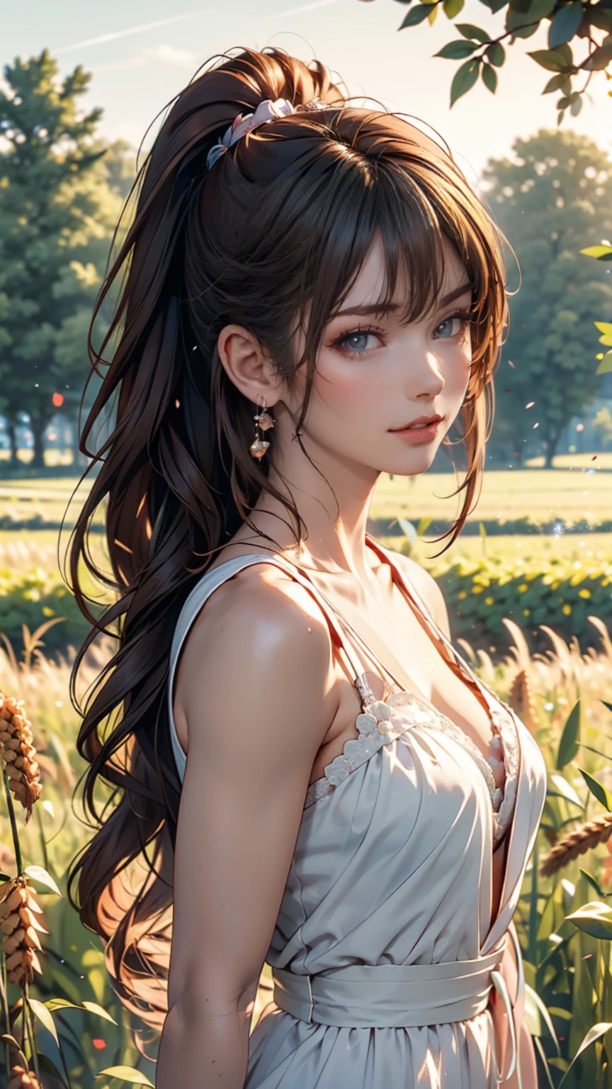(masterpiece:1.4),, (Highest quality:1.4),, Ultra-high resolution,, 8k, CG,, (Very delicate and beautiful:1.2),, , Upper Body,, From the side,, View your viewers,, , One girl,, alone,, Fashionable Girl,, mature,, , cute, sweet,, , In the wheat field,, Blurred Background,, , Long brown hair,, ponytail,, , Brown eyes,, Mouth closed,, Red lips,, , Face blown by the wind,, , White Dress,, Medium chest,