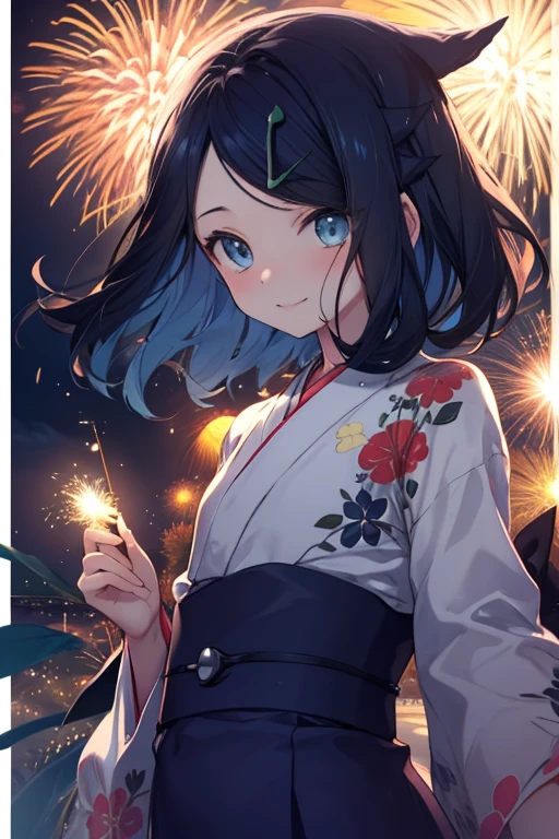 ((nsfw)), (masterpiece, Highest quality, 8K ultra-high resolution:1.4), 14yo, kawaii, Pokemon Riko, (A colorful navy blue yukata, night: 1.4), (Summer festival), ((turn around)), Beautiful Eyes,Flash photography, Backlight,  ((Close-up of face:1.4)), (The best smile of my lover:1.4), ((((Smile brightly)))), (Show your palm to the camera), (Beckon), Written boundary depth, Dramatic portrayal, (Colorful fireworks background), Focus of the film, , Emotional composition, Emotional engine full throttle BREAK Young and cute, Slender body, Flat Chest, Highly detailed glossy skin,Sweat,  完璧なPokemon Riko
, Wind, detailed in the Wind, petals dancing in the Wind
BREAK
ultra detailed crystal eyes, Eyes like shining jewels