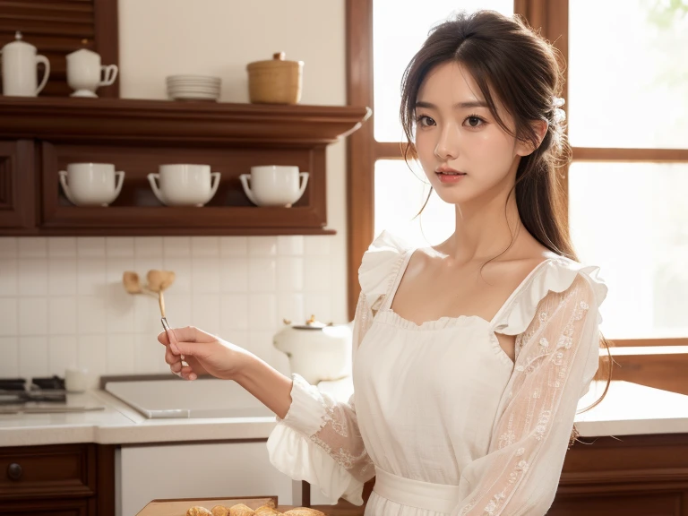 best quality, full body portrait, delicate face, pretty face,slim figure,OL, instagram photo, 40 year old, breathtakingly korean woman, eyes sparkling with joy, she stands at a vintage bakery shop, side dutch pose, ((turn towards right side)), (masterpiece), (1 woman), preppy model, feminine, (cute face), (incredibly beautiful body), top-quality, ​masterpiece, high resolution, Photorealistic, highly detailed, true to life, detailed eyes, detailed beautiful skin at ears, (no earrings), life-like detailed beautiful brown eyes, ((styled loose Updo hair, long black brown relaxed hair)), (((hair tucked behind ears))), extremely detailed skin, slight skin blemish, moist nude lips, (exceptional delicate perfect ears), hyper realistic, big dark brown eyes, sincere, confident, mesmerizing eyes,(double eyelid), (realistic face), ((fresh dewy healthy skin texture)),nice teeth, (moist lips)), light natural makeup, translucent white skin, realistic eyes, round iris black pupils, sparkly eyes, beautiful ear skin texture, (realistic skin), attractive, ultra high resolution, extremely realistic, wearing a feminine romantic cottage apron white dress long sleeves, intricate detailed blend of linen white cotton fabric and lace detailed stitching to create delicate frill dress embroidered detail on the chest, a delicate thin velvet ribbon neck princess bow, pleated at waist mid-length a-line skirt, beige brown colors fashionable feminine waitress by Max Mara Ready-to-Wear dress, very detailed, golden ratio, graceful, (no jewelry), bare nude skin at neck, (nude ears), sharp focus side body, no earrings,effortlessly,serene eyes, natural morning daylight, Realistic,sharp focus,(intricate:1.03), Hyper Real, background: a french bakery shop, detailed french fruit pastries and wild berry cakes,Victorian door,extremely delicate and beautiful, Raw photography, mood is a crisp morning serene nostalgic bakery interior design, depth of field, ((((8k wallpaper))),16k,  