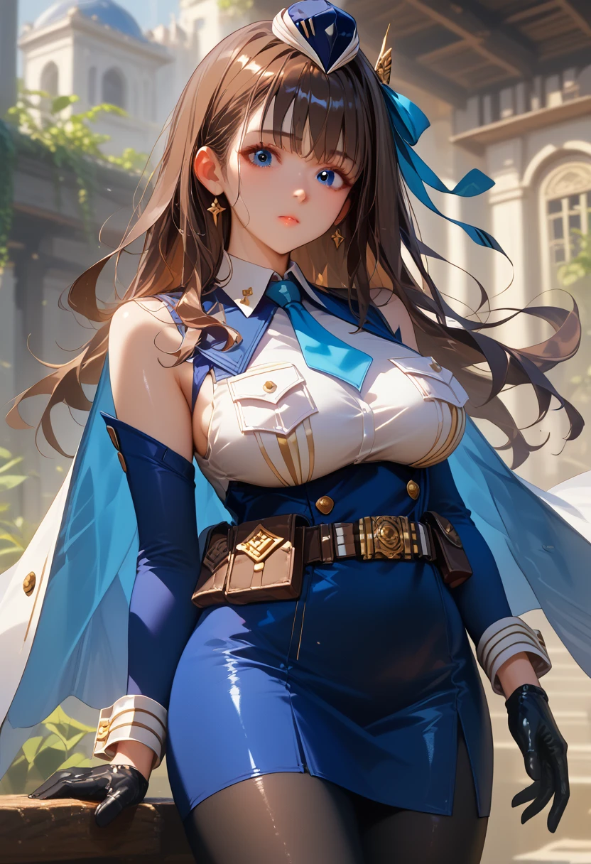 mrnnkk, blue eyes, brown hair, long hair, bangs, large breasts, garrison cap, blue ribbon, hair ribbon, blue necktie, collared shirt, white shirt, sleeveless, breast pocket, detached sleeves, capelet, blue skirt, black gloves, pantyhose, belt pouch,9,score_8_up,score_7_up,masterpiece,best quality,perfect anatomy,very aesthetic,official art,8k,shiny_skin,fair_skin,white_skin, Идет по Улице с Улыбкой