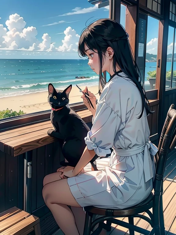 ブルネットでショートヘアーのブレザーの美少女がSeaside CafeでBlack catとおはなし, Black cat, Seaside Cafe, coffee, A gentle and kind tempo, Gentle sunlight, The sea is visible through the open window、The breeze is blowing