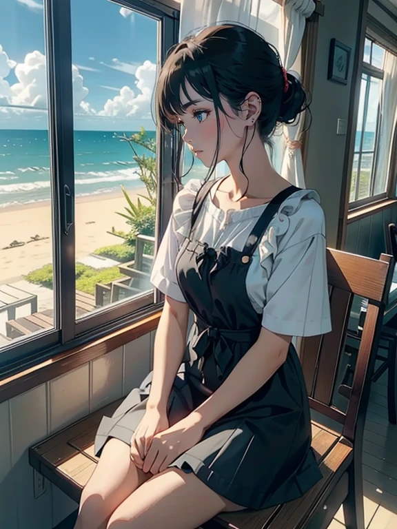 ブルネットでショートヘアーのブレザーの美少女がSeaside CafeでBlack catとおはなし, Black cat, Seaside Cafe, coffee, A gentle and kind tempo, Gentle sunlight, The sea is visible through the open window、The breeze is blowing
