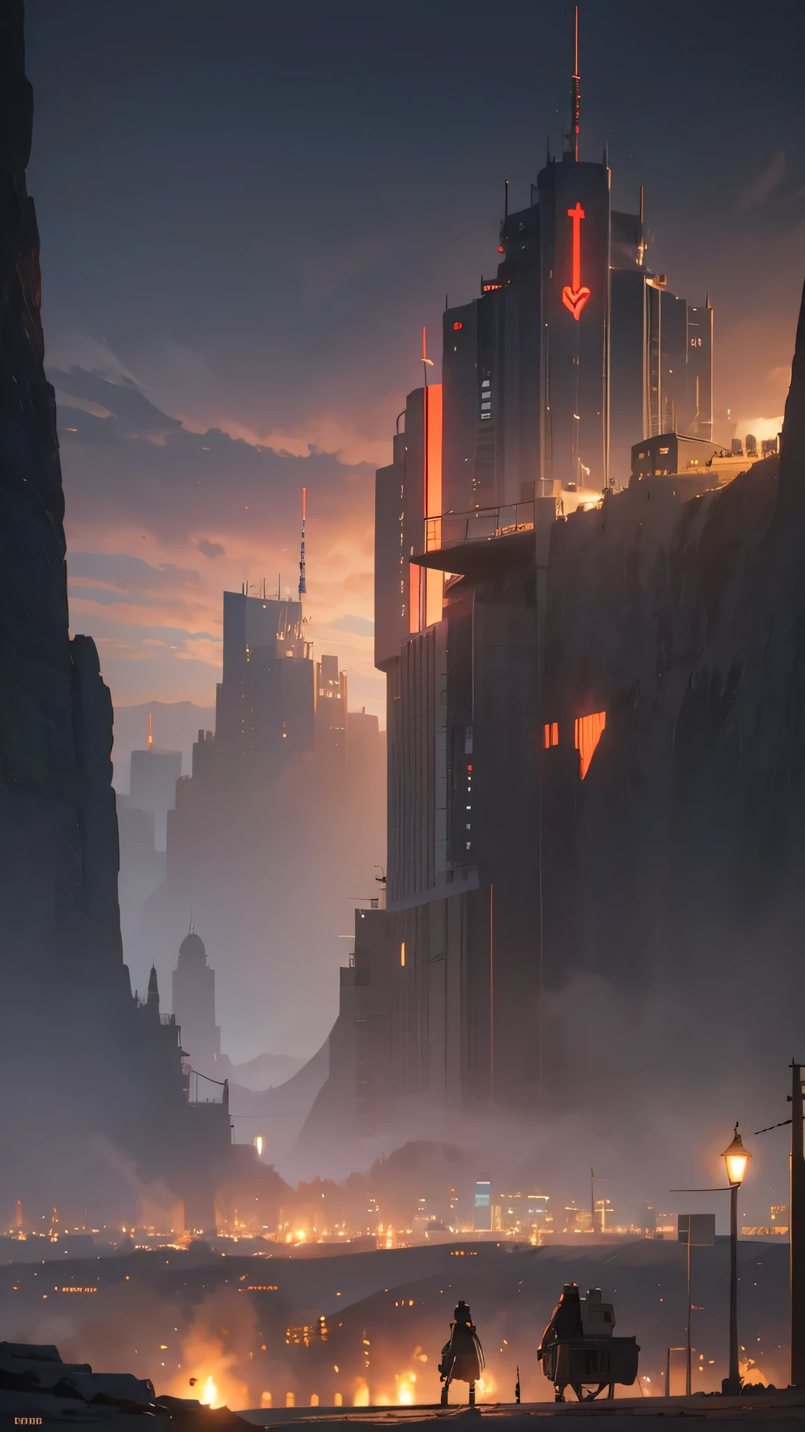 Mountain at dusk, A futuristic city floating in the desert in the background, Low clouds cover the mountains, Realistic+Very intricate detail, Colorful clothing, whole body, 16K.