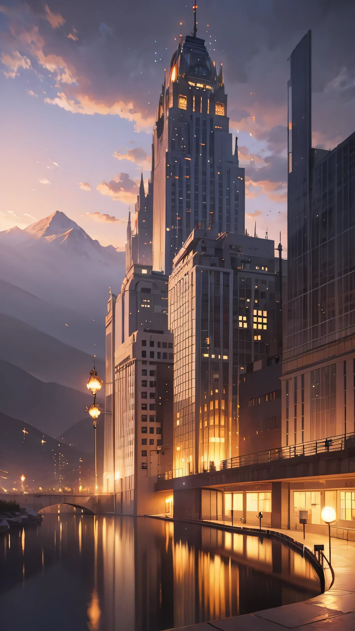 Mountain at dusk, A futuristic city floating in the desert in the background, Low clouds cover the mountains, Realistic+Very intricate detail, Colorful clothing, whole body, 16K.