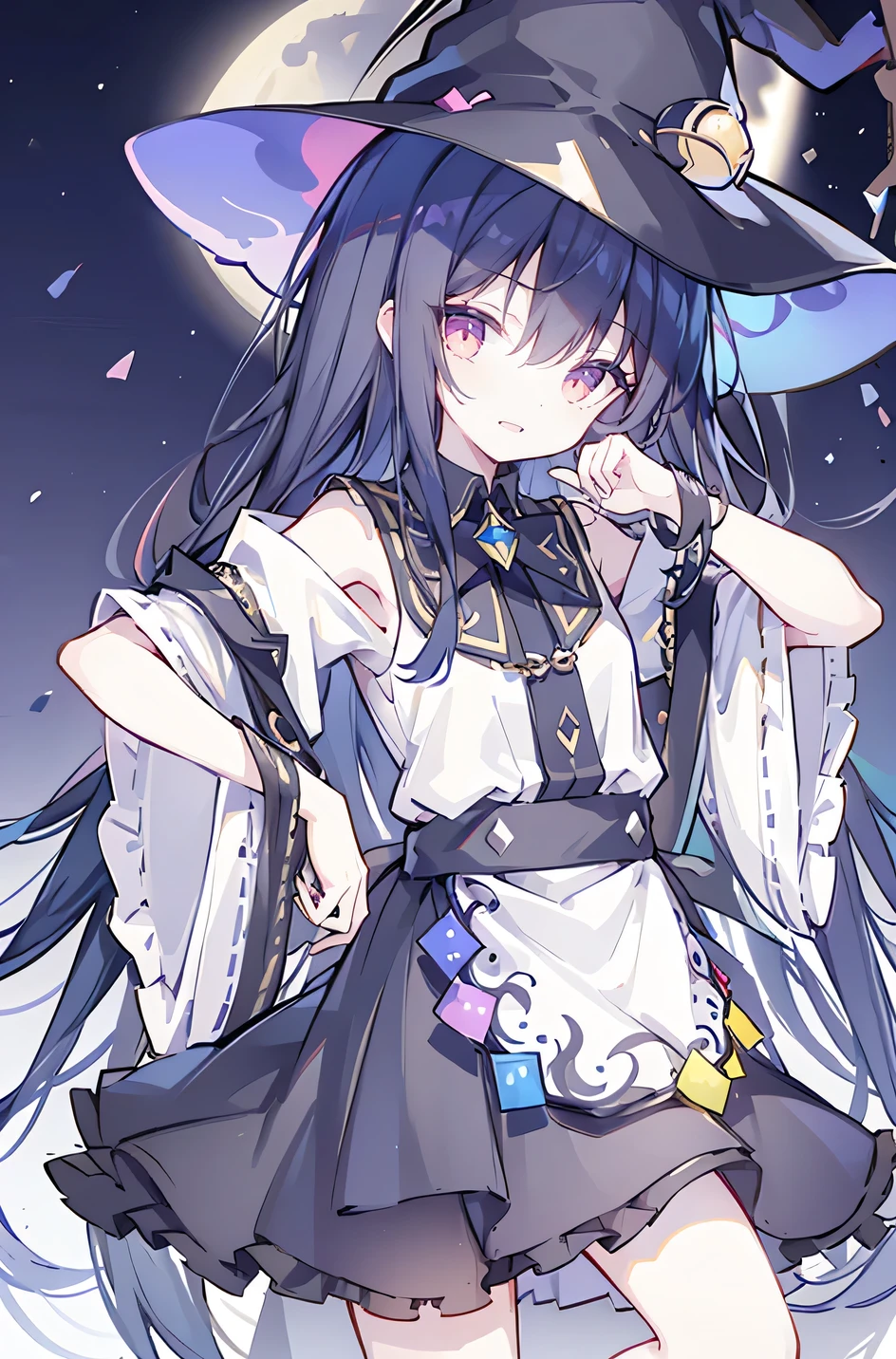 oung Girls,Humanity,A magician always smiles,big witch hat,cute,dark blue long hair,The eyes are dull,The bangs are heavy,Thin eyebrows,fantasy,intake,Double teeth,Star Theme,Constellation pattern,Solid color clothetal decoration,cloak,A bit of a dark atmosphere,A little crazy smile,When the big moon shines outside at night,blood,Hair black star embellishment,Short tie,No nails,High waist skirt,Bell sleeves,Long-sleeved shirt,Black tie,low risk,gentlemen。Mist、Yellow and white effect,Shocking pink as an accent color