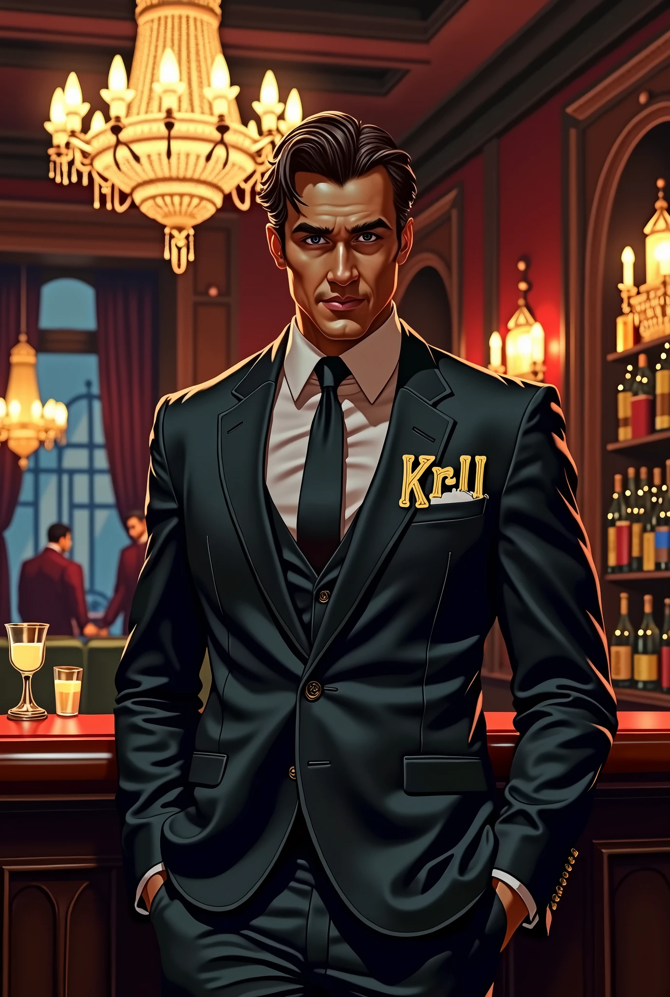 Create a detailed illustration of a stylish mobster, with confident appearance and dominant posture. He is dressed in a sleek suit, that exudes power and sophistication. On his suit's chest, There is the inscription "Kr11" in golden letters, standing out in an imposing manner. The expression on the mobster's face conveys superiority, with a slight disdainful smile. The surrounding environment should reflect luxury and authority, with dark details that reinforce his intimidating presence.