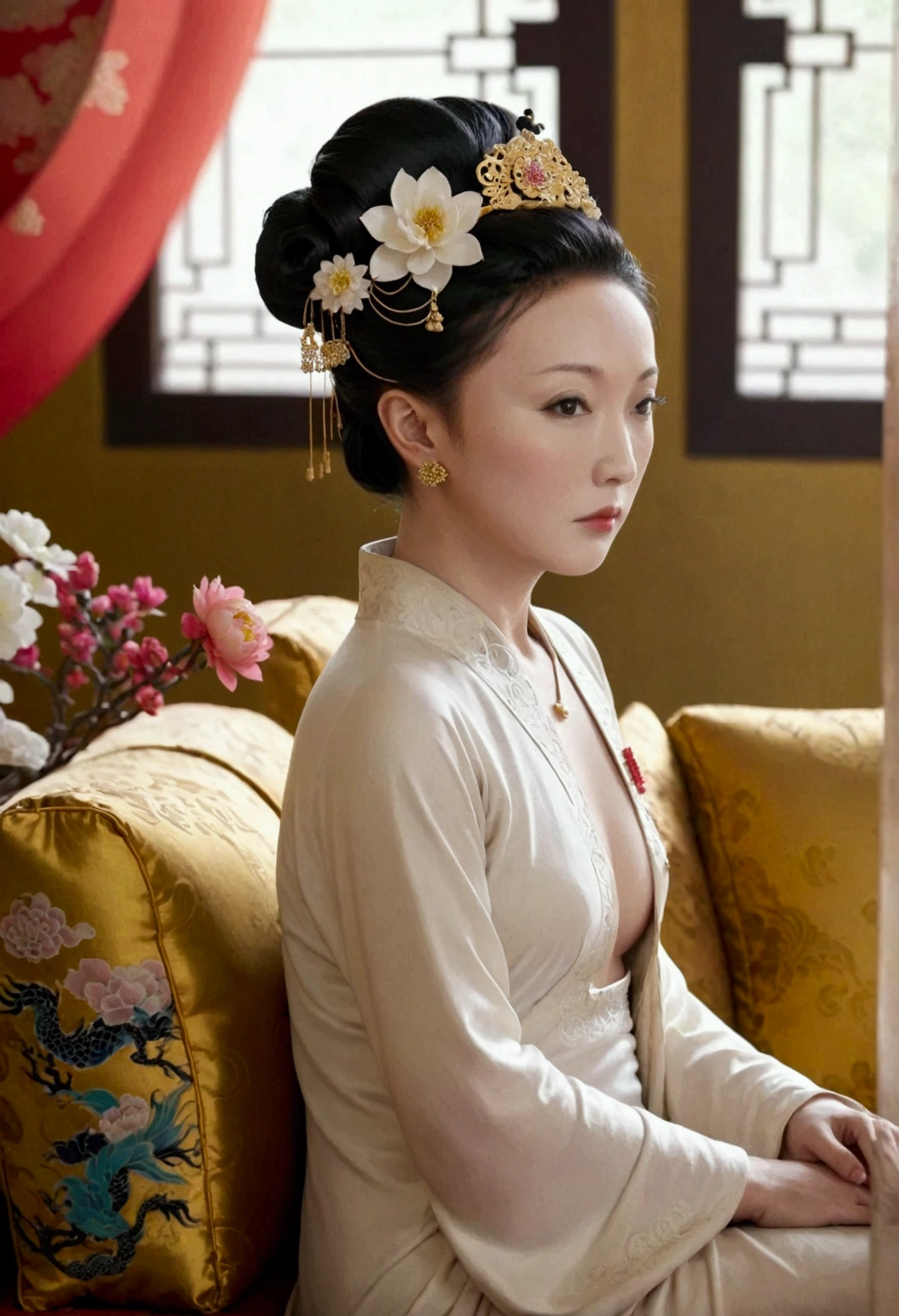 Nude statue of a 35-year-old woman from the Qing Dynasty. She sits naked on a large golden couch, looking straight ahead. Her breasts are large, her hair is tightly tied up, and she wears a hairpin and flowers. The background and location is the Empress of China. The story takes place in the luxurious room of an empress in the Chinese court during the Qing Dynasty.
