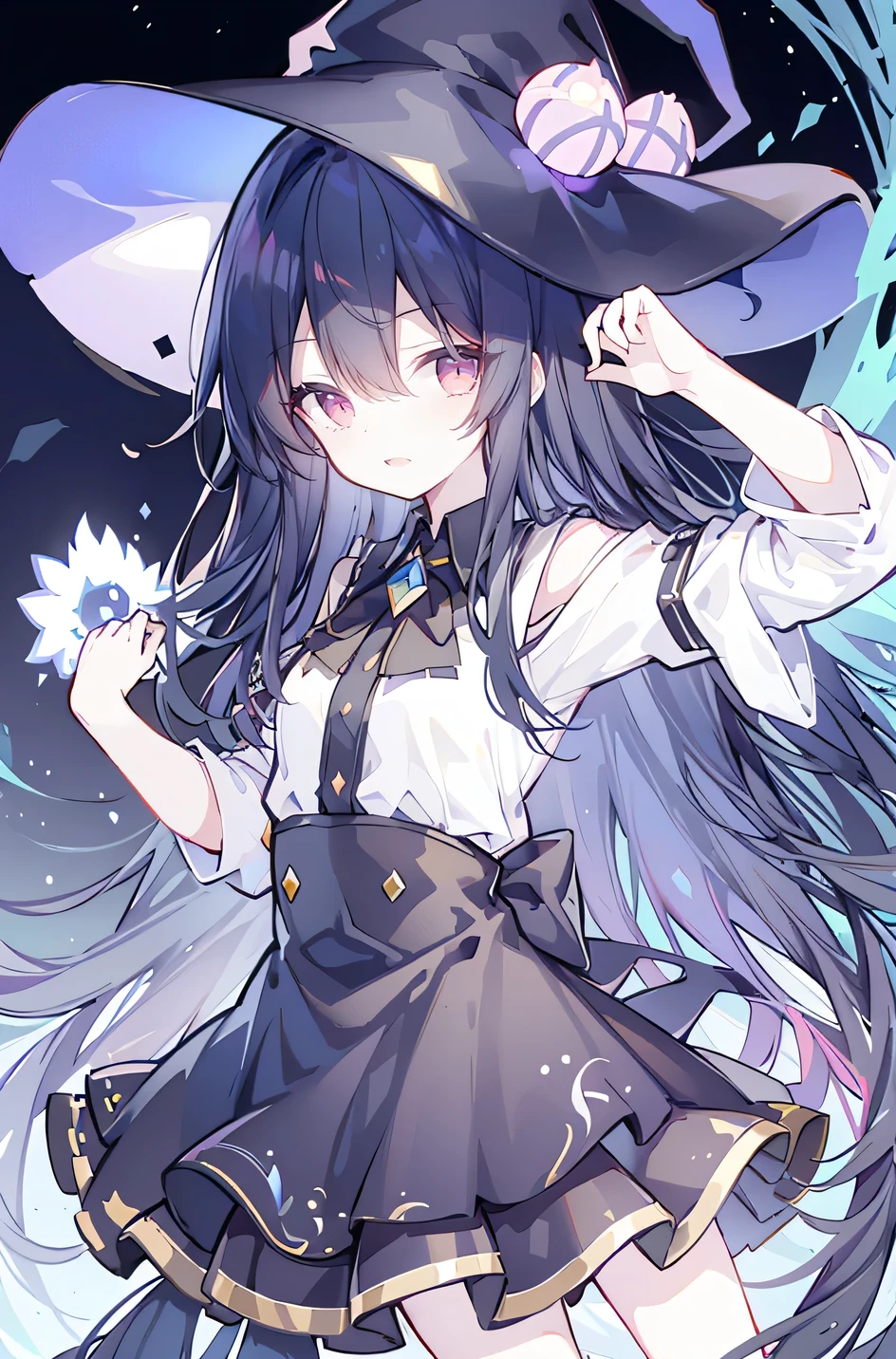oung Girls,Humanity,A magician always smiles,big witch hat,cute,dark blue long hair,The eyes are dull,The bangs are heavy,Thin eyebrows,fantasy,intake,Double teeth,Star Theme,Constellation pattern,Solid color clothetal decoration,cloak,A bit of a dark atmosphere,A little crazy smile,When the big moon shines outside at night,blood,Hair black star embellishment,Short tie,No nails,High waist skirt,Bell sleeves,Long-sleeved shirt,Black tie,low risk,gentlemen。Mist、Yellow and white effect,Shocking pink as an accent color