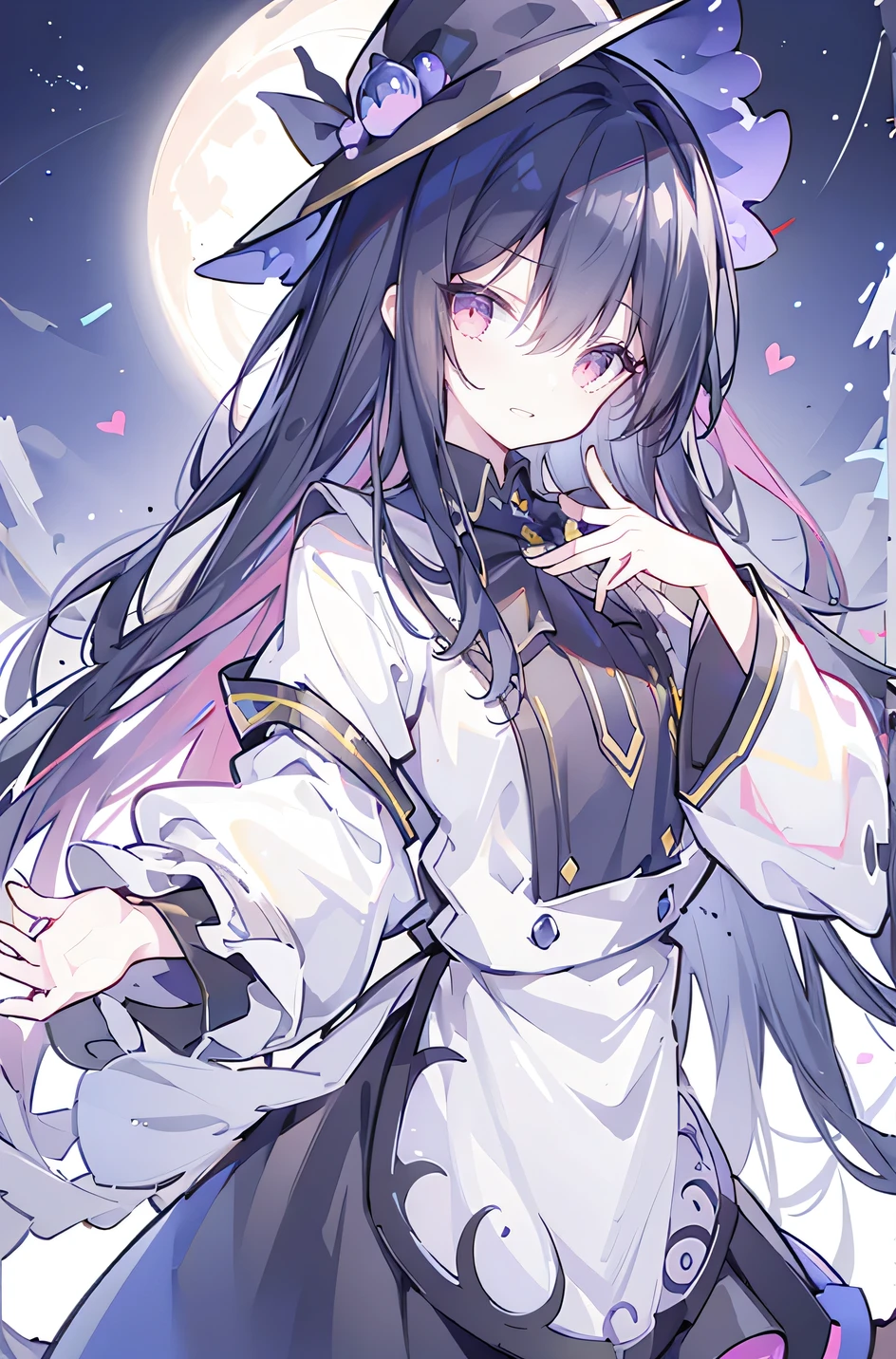 oung Girls,Humanity,A magician always smiles,big witch hat,cute,dark blue long hair,The eyes are dull,The bangs are heavy,Thin eyebrows,fantasy,intake,Double teeth,Star Theme,Constellation pattern,Solid color clothetal decoration,cloak,A bit of a dark atmosphere,A little crazy smile,When the big moon shines outside at night,blood,Hair black star embellishment,Short tie,No nails,High waist skirt,Bell sleeves,Long-sleeved shirt,Black tie,low risk,gentlemen。Mist、Yellow and white effect，Shocking pink as an accent color