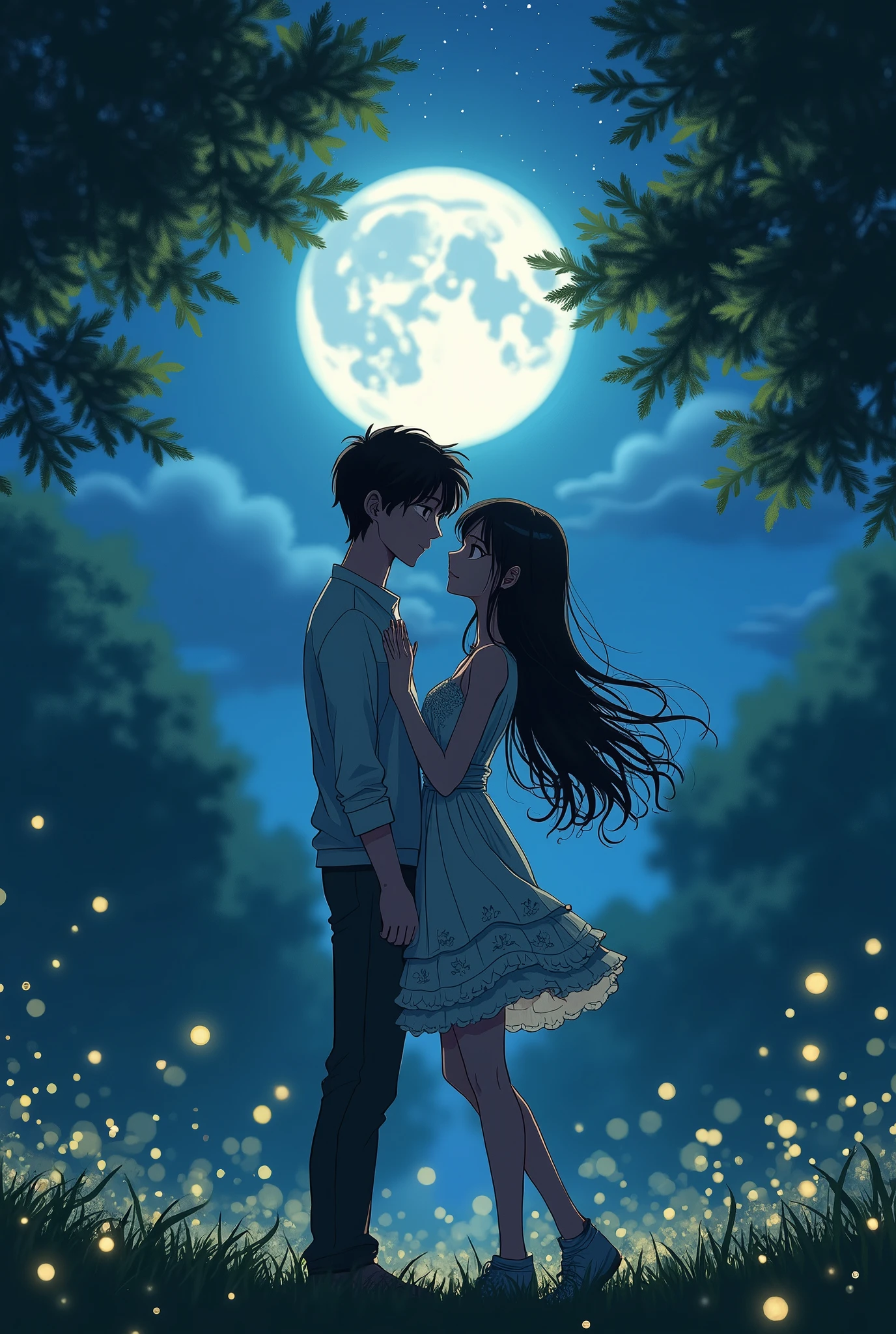 Anime of a beautiful couple hugging in a park under the moonlight 