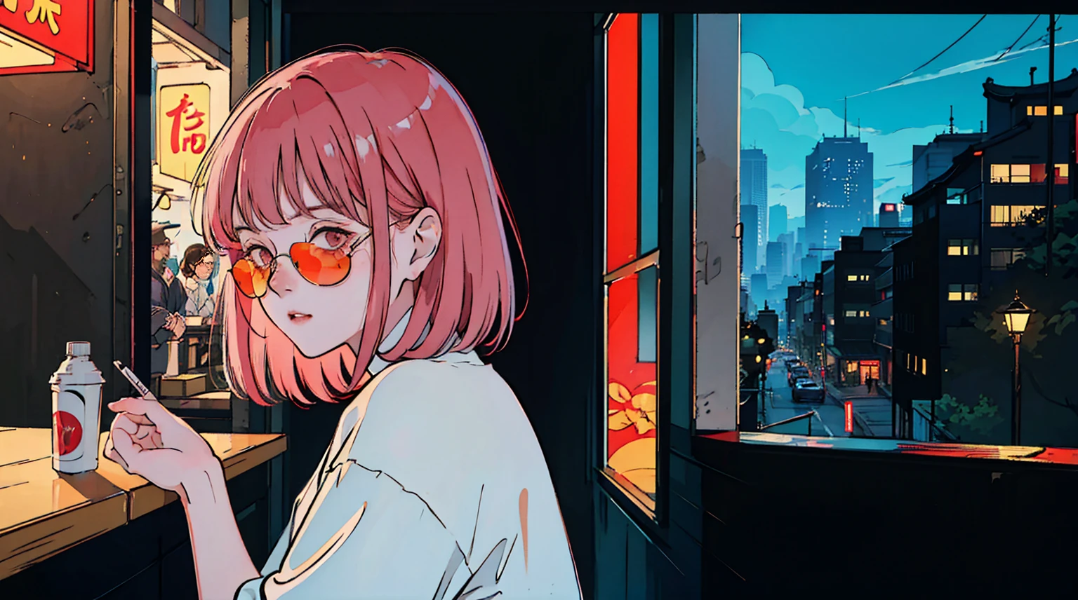 A beautiful red-haired Asian girl sitting in a restaurant at night, From the window you can see, Perfect face, sunglasses, Draw a white Taylormade cigarette, neon black, (Backlight: 1.1), Hard Shadows, masterpiece, best quality, complicated, Model shooting style, High quality, Film Grain, Incomplete details,Back to the future