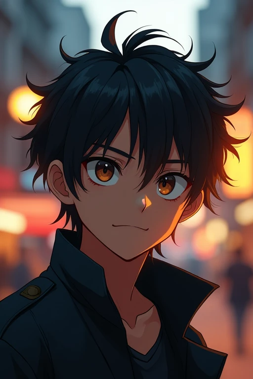 Black Hair, bangs, 分け目のあるbangs, Multiple ahoge, Disheveled Hair, Very short hair, Slanted Eyes, black eye,male