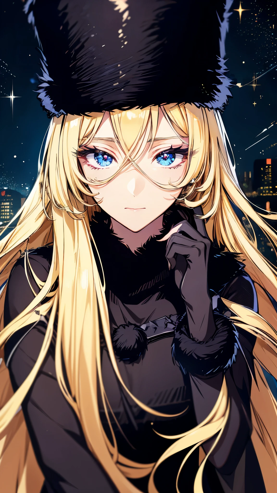 maetel, long hair, blonde hair,fur trim, black headwear, fur hat, dress(shiny skin),masterpiece,Noise Reduction,perfect anatomy,high resolution, ultra-detailed, ultra-detailed face,game cg,dutch angle ,beautiful detailed eyes,visualart,five fingers, perfect hands, perfect lighting, sparkling pupils,