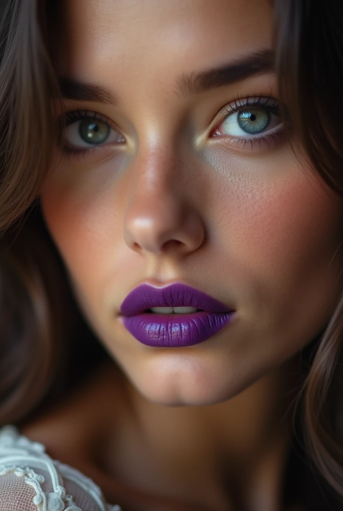 The face kiss by a beautiful girl with very big and thick lips covered in thick purple lipstick covering her entire lips and with a passionate gaze from a few centimeters away, a realistic photo