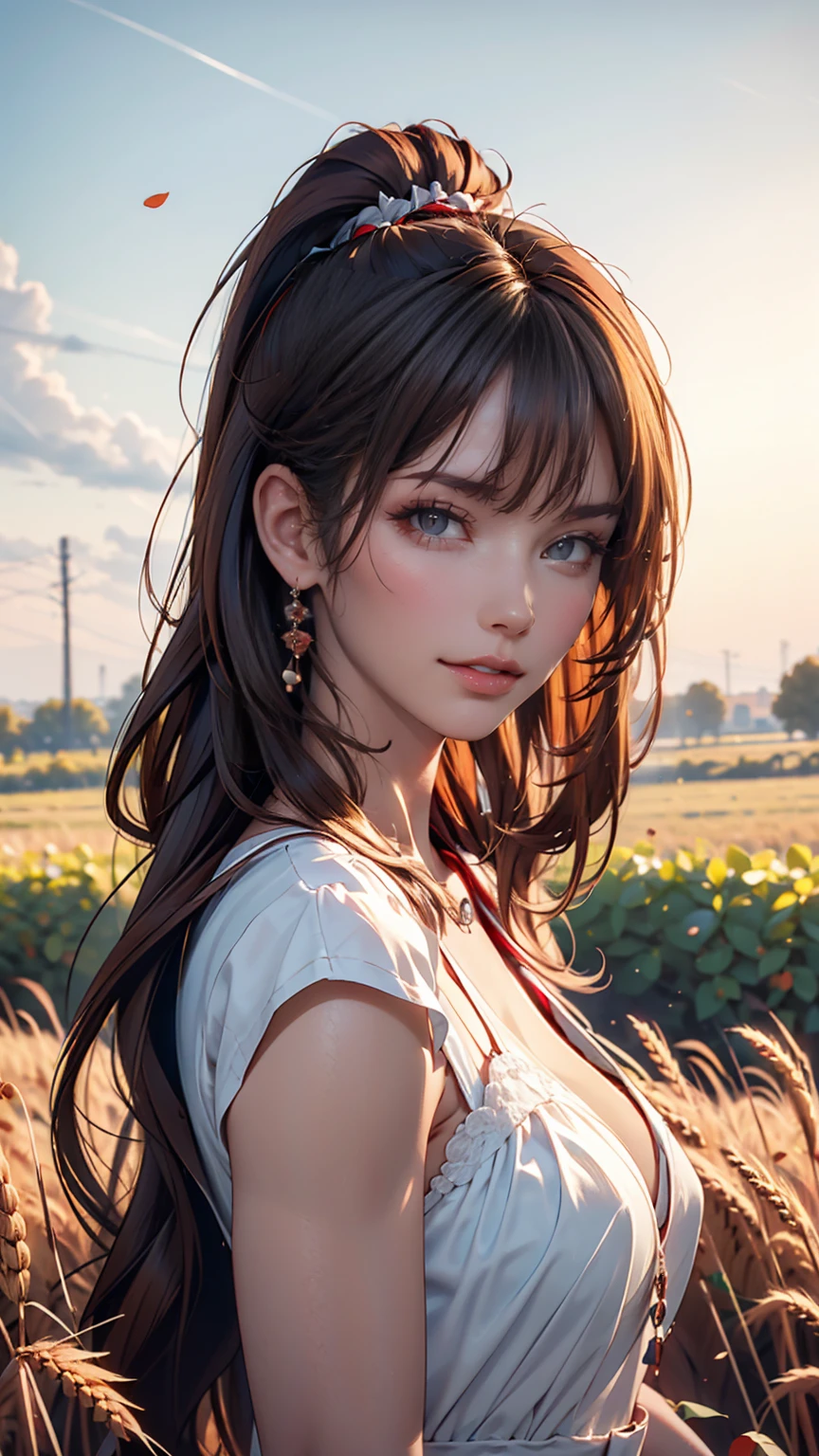 (masterpiece:1.4),, (Highest quality:1.4),, Ultra-high resolution,, 8k, CG,, (Very delicate and beautiful:1.2),, , Upper Body,, From the side,, View your viewers,, , One girl,, alone,, Fashionable Girl,, mature,, , cute, sweet,, , In the wheat field,, Blurred Background,, , Long brown hair,, ponytail,, , Brown eyes,, Mouth closed,, Red lips,, , Face blown by the wind,, , White Dress,, Medium chest,