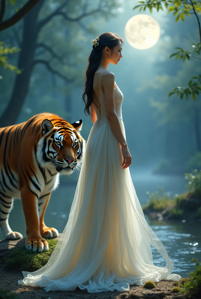 A beautiful Asian woman in an angelic dress. Her breasts are beautiful and sexy. There's a large, fierce tiger beside her. There are forests, streams, moonlight, and fog.