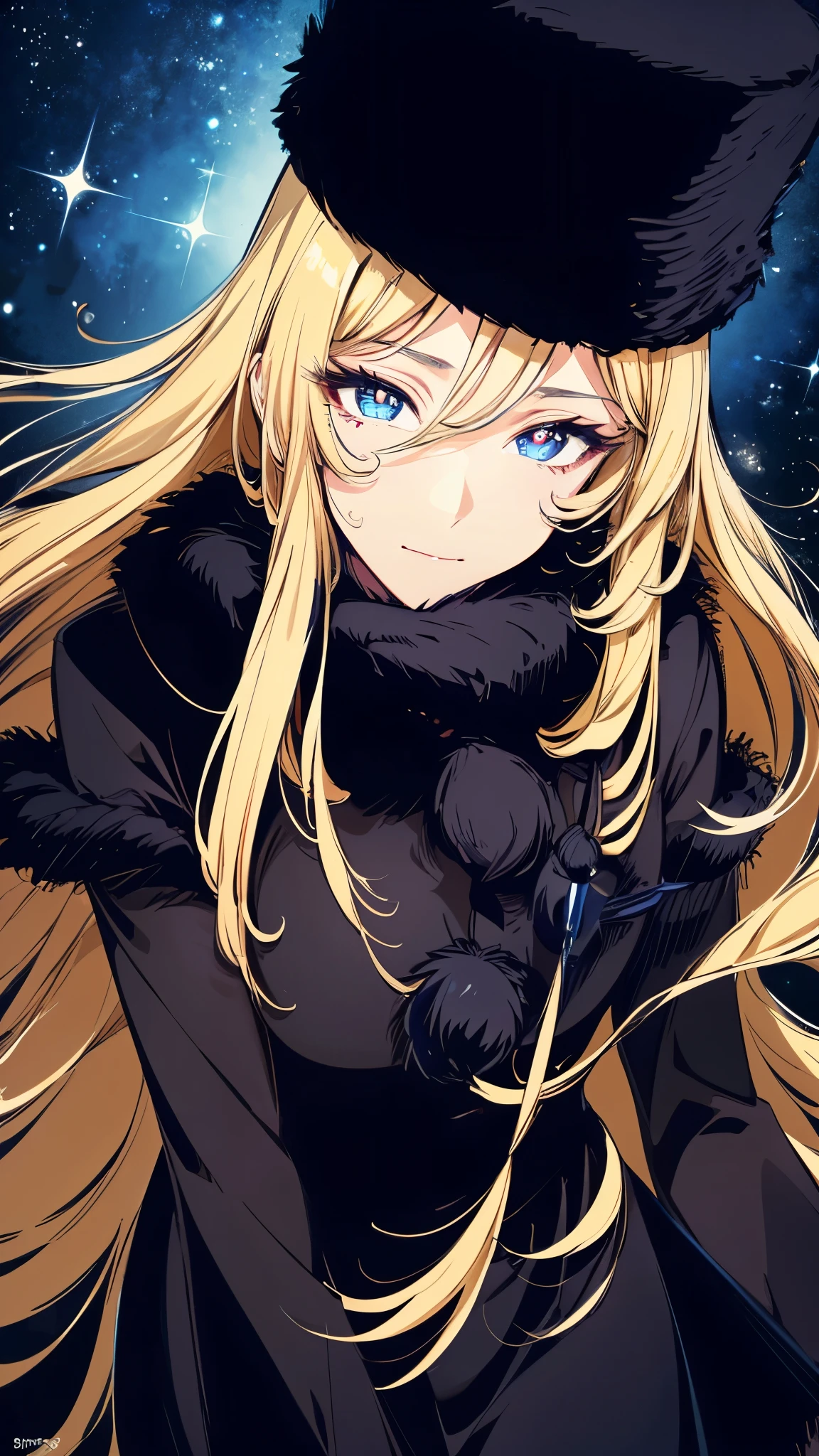 (cowboy shot:1.3),maetel, long hair, blonde hair,fur trim, black headwear, fur hat, dress(shiny skin),masterpiece,Noise Reduction,perfect anatomy,high resolution, ultra-detailed, ultra-detailed face,game cg,dutch angle ,beautiful detailed eyes,visualart,five fingers, perfect hands, perfect lighting, sparkling pupils,
