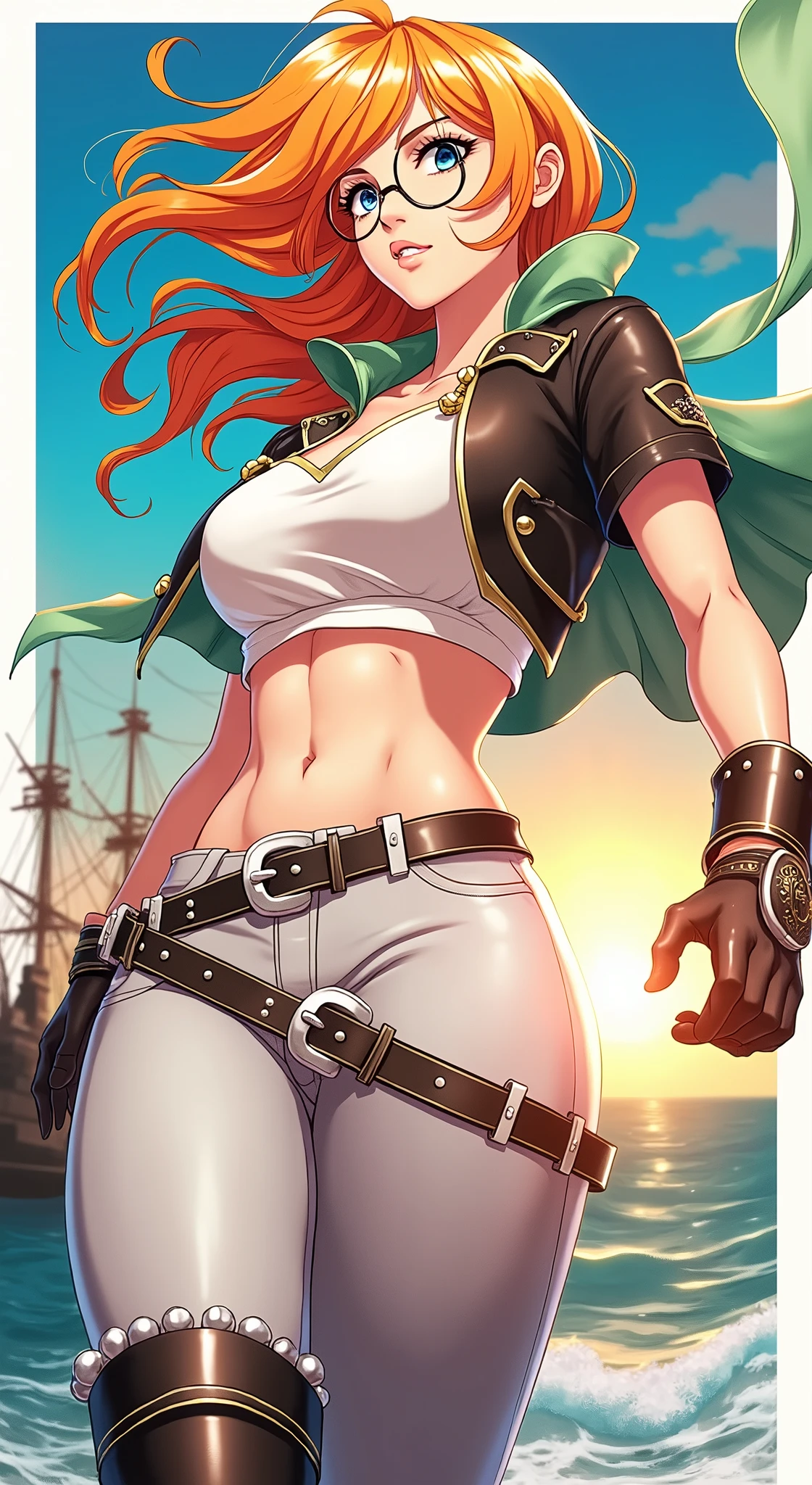 Create images of the character with AI:
Imagine a female warrior in anime style with an imposing presence and stunning beauty. Her hair is long and wavy, emerald green,She also has orange parts in her hair that shine in the sunlight. His eyes are a deep blue, full of determination,maturity and wisdom. Her skin is smooth and tanned, highlighting her physique, reflecting her strength and grace.
She wears a fitted black leather jacket with gold details, that highlights her athletic and muscular figure. under the jacket, She wears a white silk blouse that adds a touch of elegance. Her pants are made of a durable and flexible material, deep blue, allowing her to move with agility and speed. She completes her outfit with tall black leather boots, adorned with silver buckles.
on your waist, She wears a belt with multiple compartments to store tools and small weapons. Her hands are covered in black leather gloves, that provide her with a firm grip and protection. besides, She wears a long, light emerald green cape, that waves majestically in her steps.She also wears round glasses over her eyes.Background of a pirate ship.