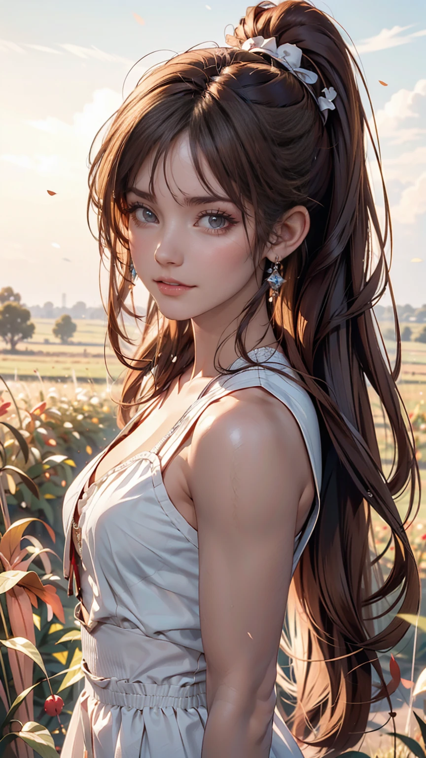 (masterpiece:1.4),, (Highest quality:1.4),, Ultra-high resolution,, 8k, CG,, (Very delicate and beautiful:1.2),, , Upper Body,, From the side,, View your viewers,, , One girl,, alone,, Fashionable Girl,, mature,, , cute, sweet,, , In the wheat field,, Blurred Background,, , Long brown hair,, ponytail,, , Brown eyes,, Mouth closed,, Red lips,, , Face blown by the wind,, , White Dress,, Medium chest,