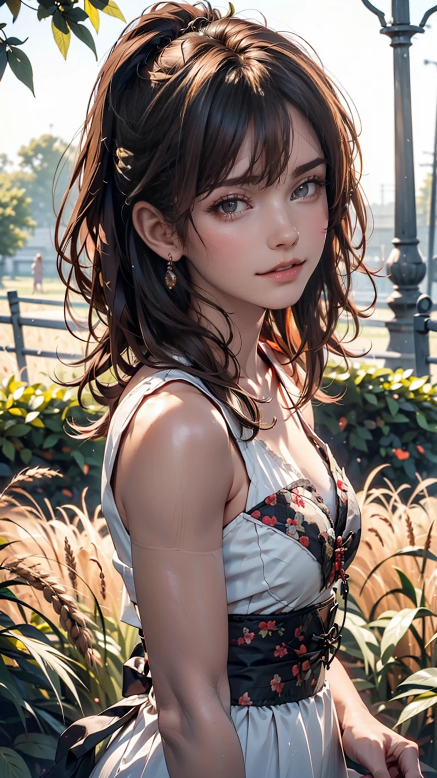 (masterpiece:1.4),, (Highest quality:1.4),, Ultra-high resolution,, 8k, CG,, (Very delicate and beautiful:1.2),, , Upper Body,, From the side,, View your viewers,, , One girl,, alone,, Fashionable Girl,, mature,, , cute, sweet,, , In the wheat field,, Blurred Background,, , Long brown hair,, ponytail,, , Brown eyes,, Mouth closed,, Red lips,, , Face blown by the wind,, , White Dress,, Medium chest,