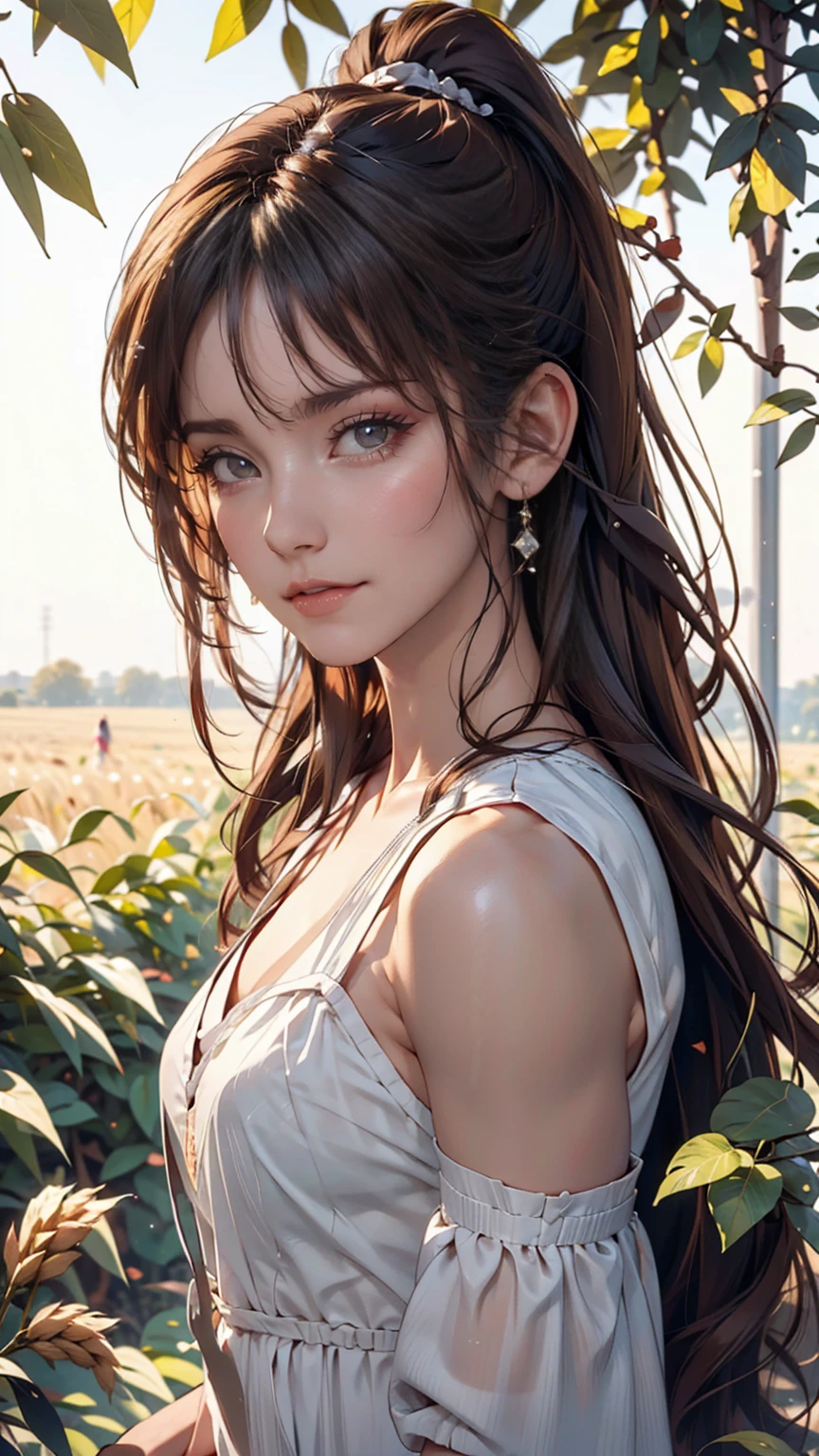 (masterpiece:1.4),, (Highest quality:1.4),, Ultra-high resolution,, 8k, CG,, (Very delicate and beautiful:1.2),, , Upper Body,, From the side,, View your viewers,, , One girl,, alone,, Fashionable Girl,, mature,, , cute, sweet,, , In the wheat field,, Blurred Background,, , Long brown hair,, ponytail,, , Brown eyes,, Mouth closed,, Red lips,, , Face blown by the wind,, , White Dress,, Medium chest,